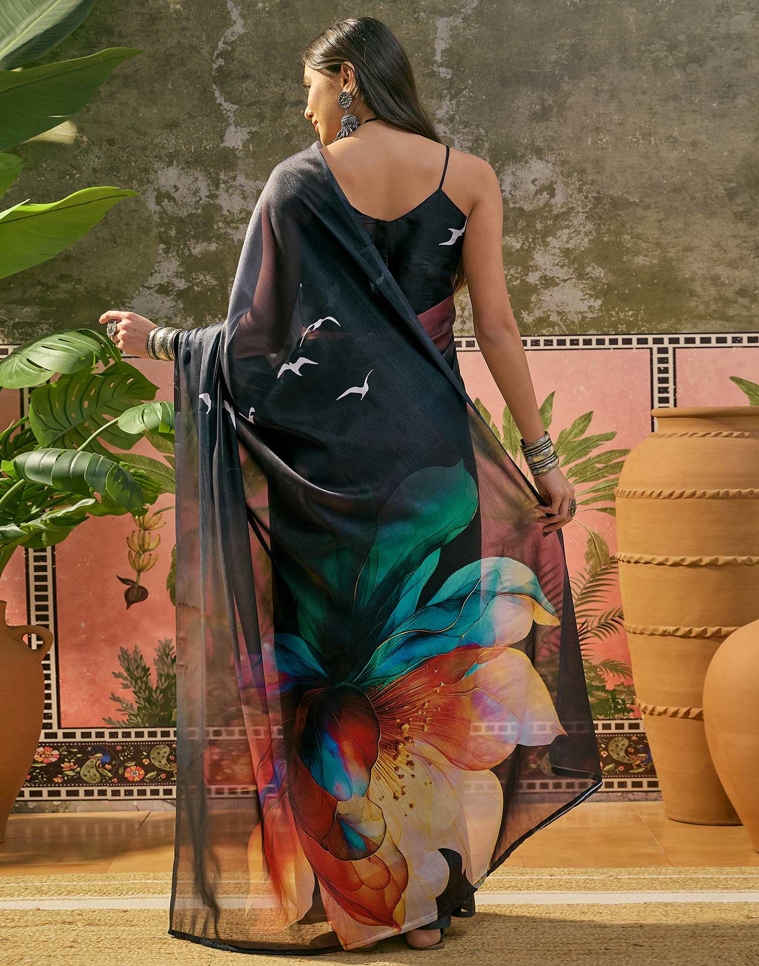 Black Shimmer Georgette Printed SareeĀ - Image 7