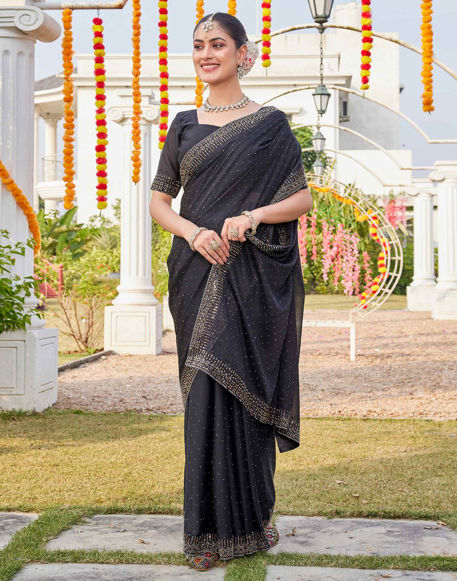 Black Shimmer Stone Work Swarovski Saree - Image 6