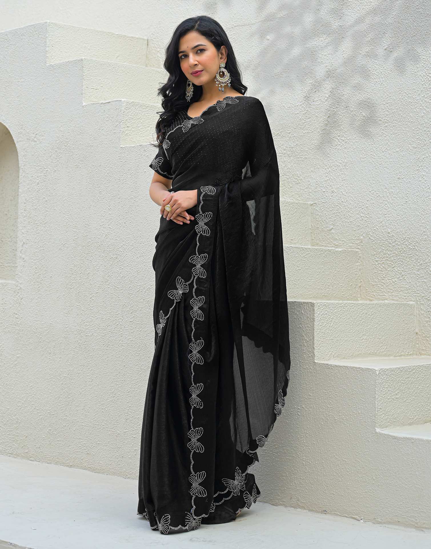 Black Shimmer Stone Work Swarovski Saree - Image 5