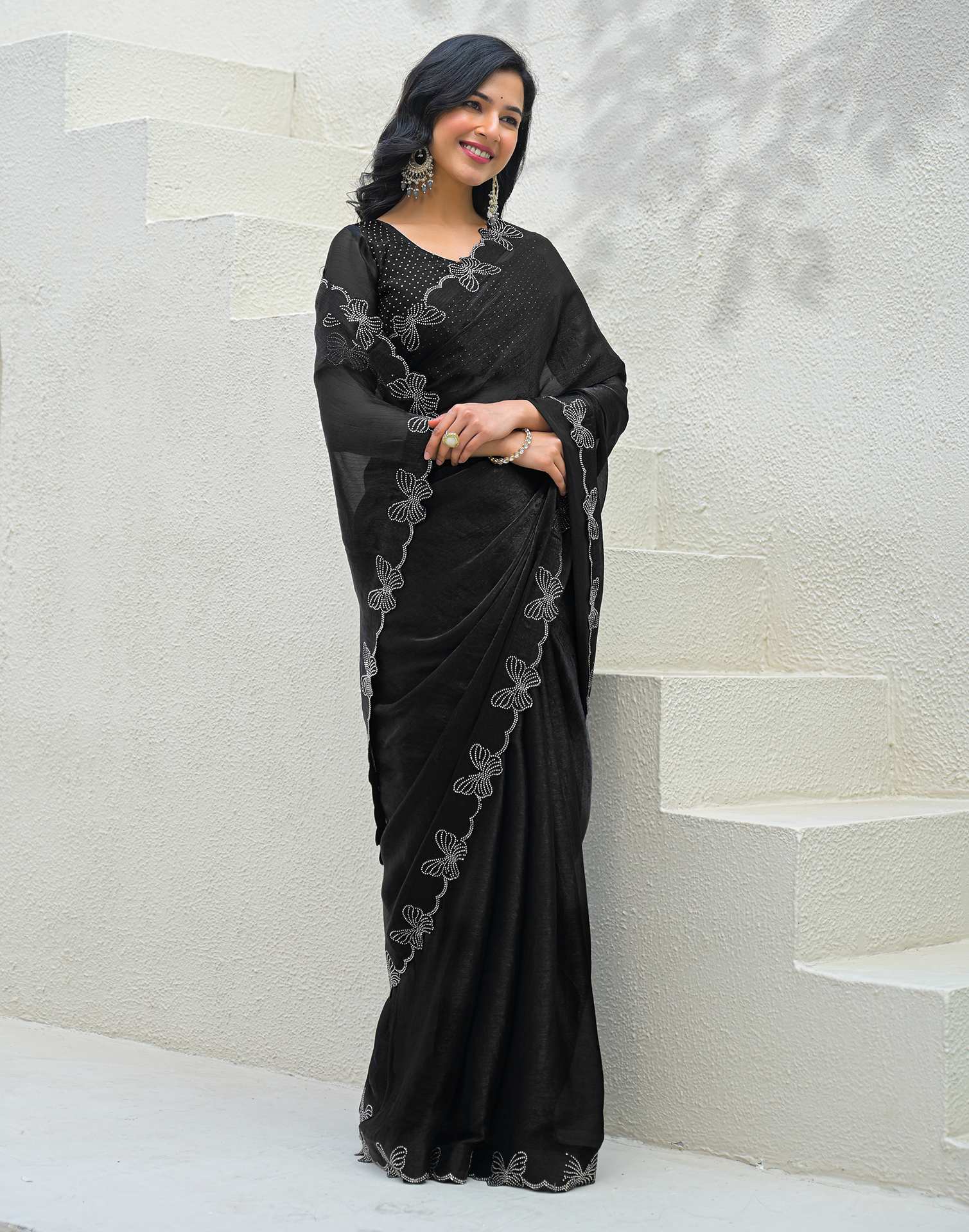 Black Shimmer Stone Work Swarovski Saree - Image 6