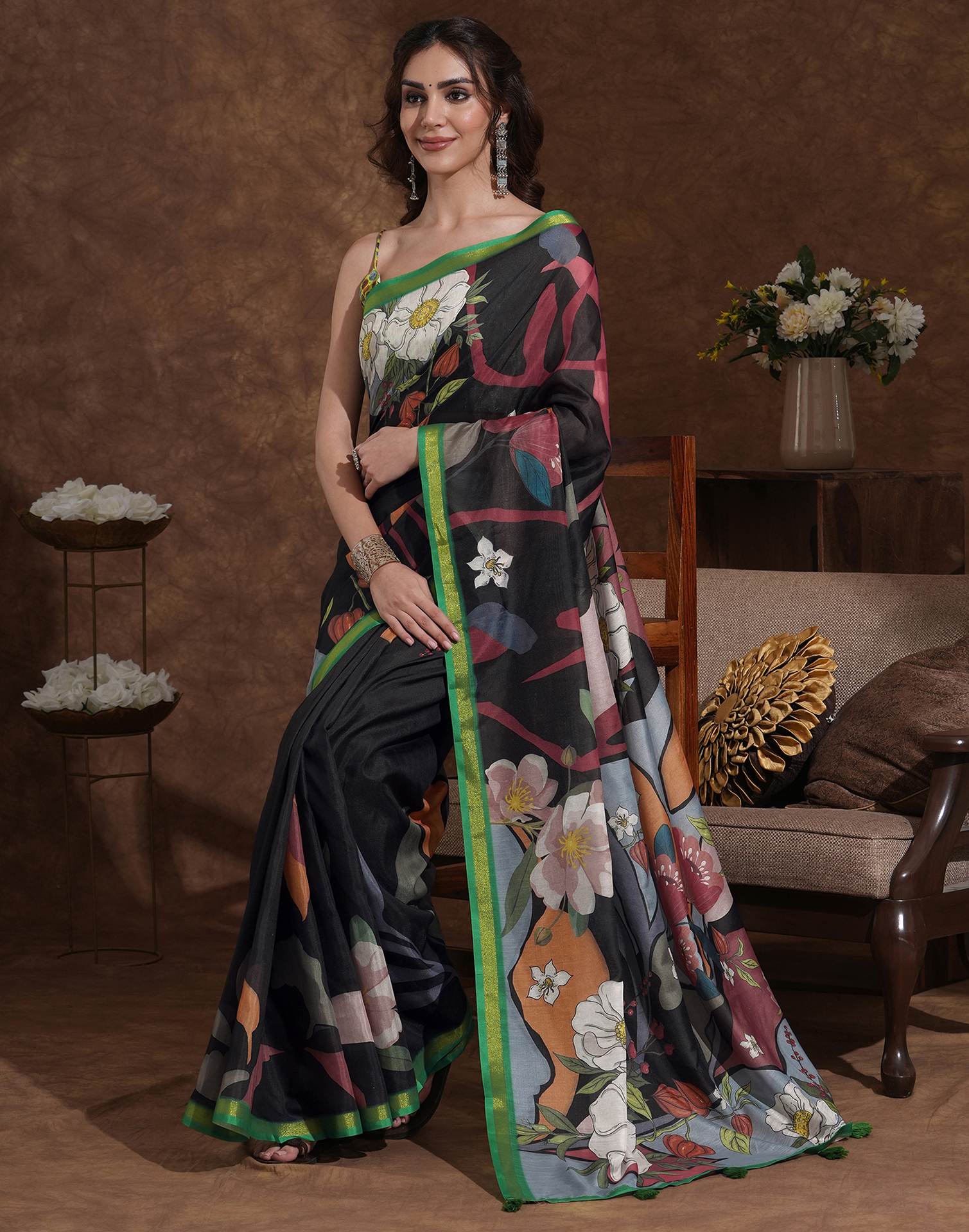 Black Silk Floral Printed Saree - Image 5