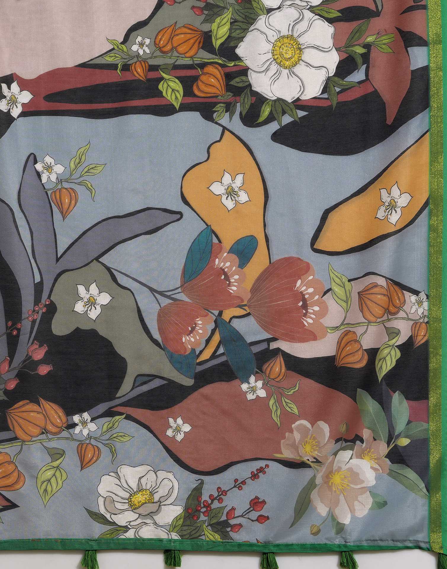 Black Silk Floral Printed Saree - Image 8