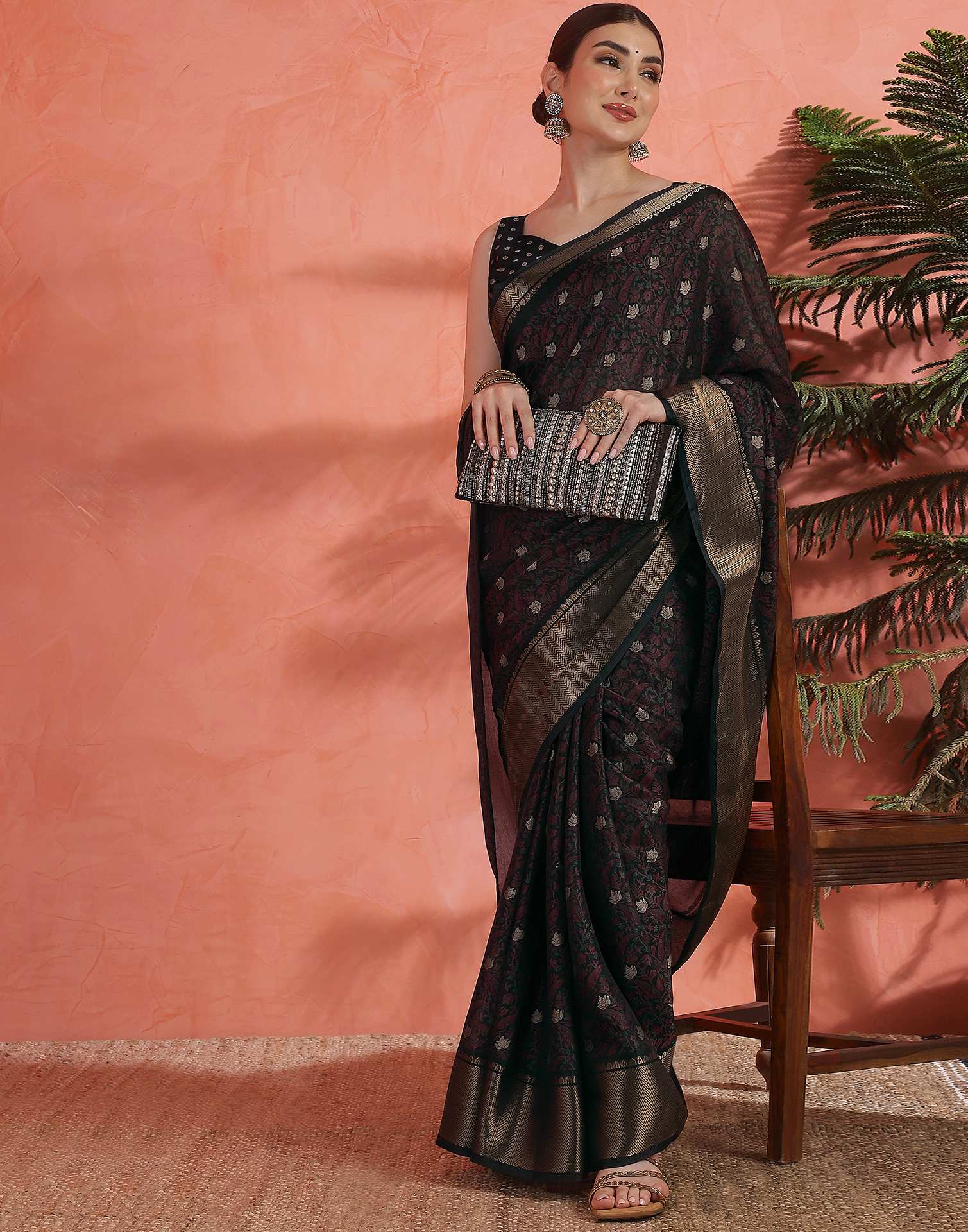 Black Silk Printed Saree - Image 6