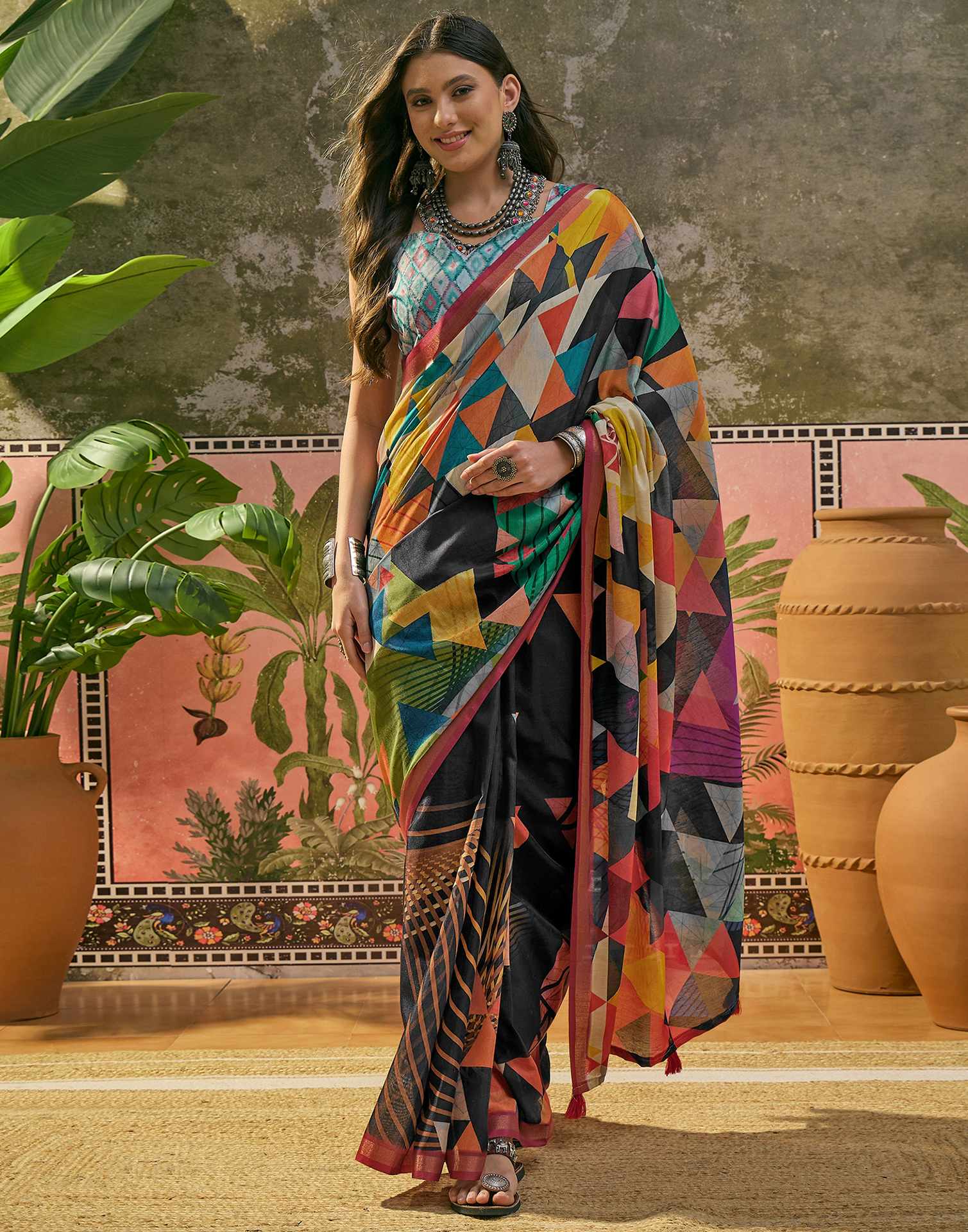 Black Silk Printed Saree - Image 2