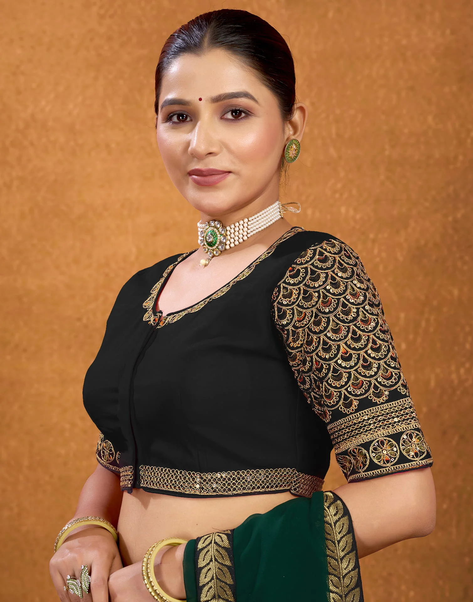 Black Silk Sequence Embroidery Blouse - Image 4