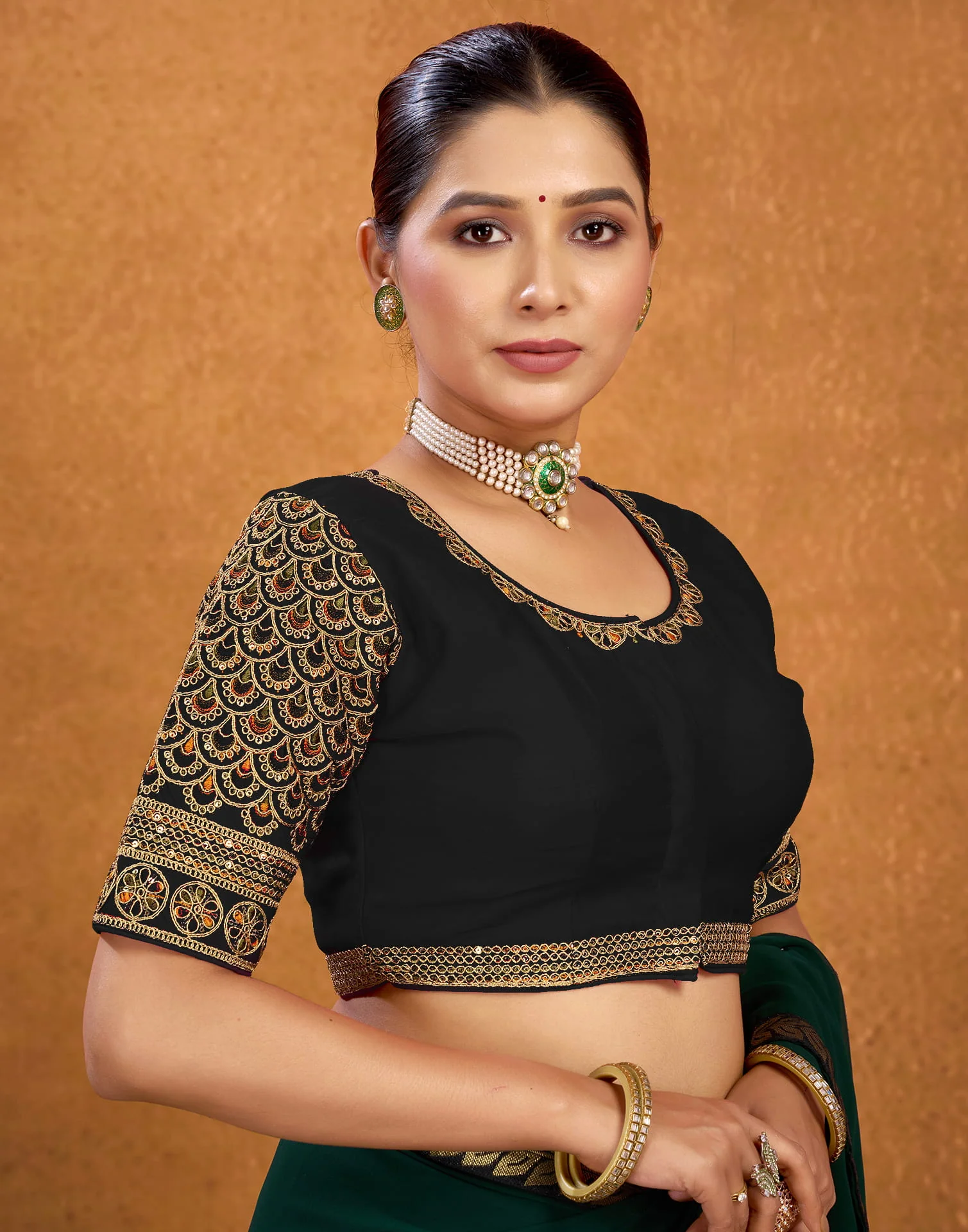 Black Silk Sequence Embroidery Blouse - Image 5