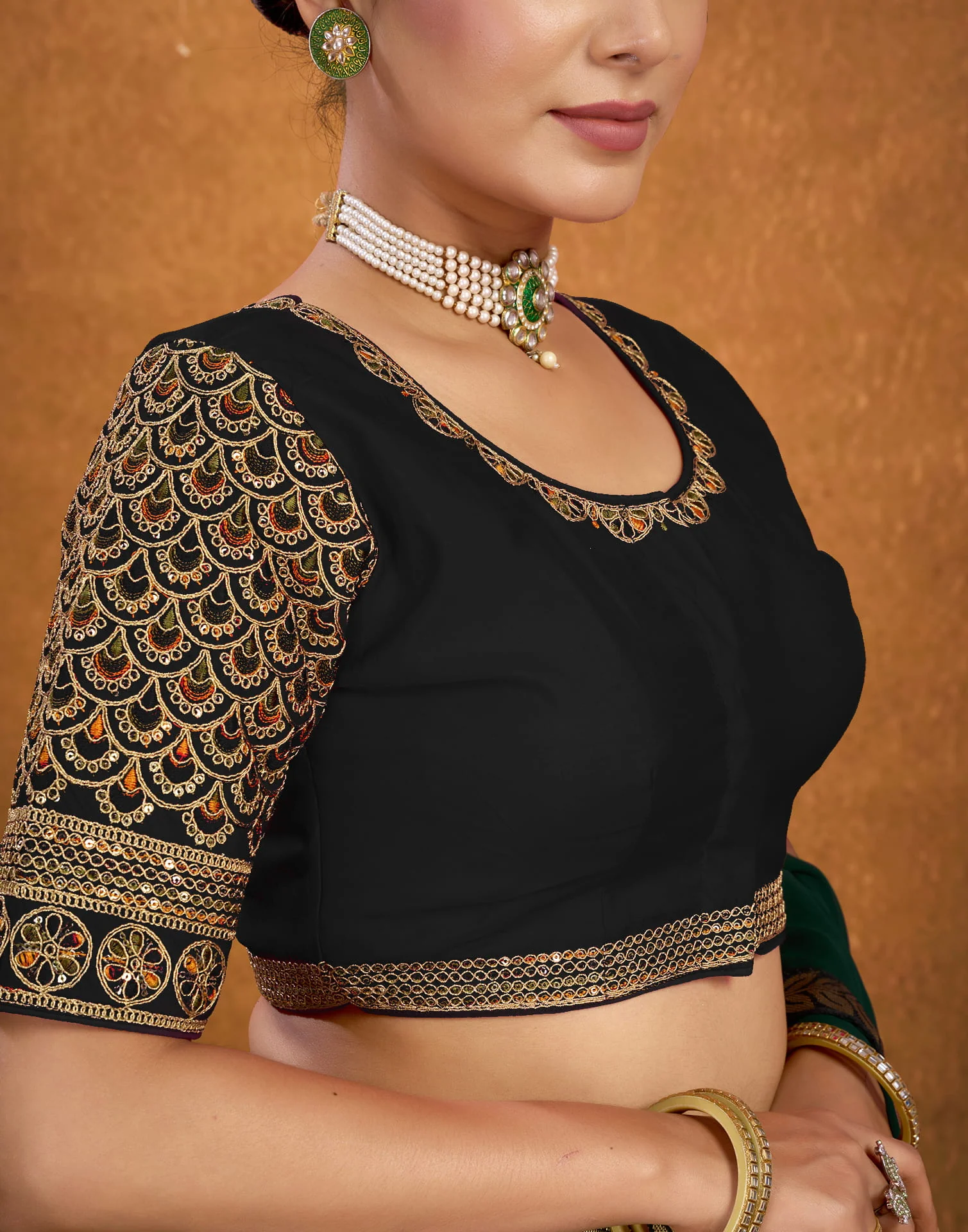 Black Silk Sequence Embroidery Blouse - Image 7