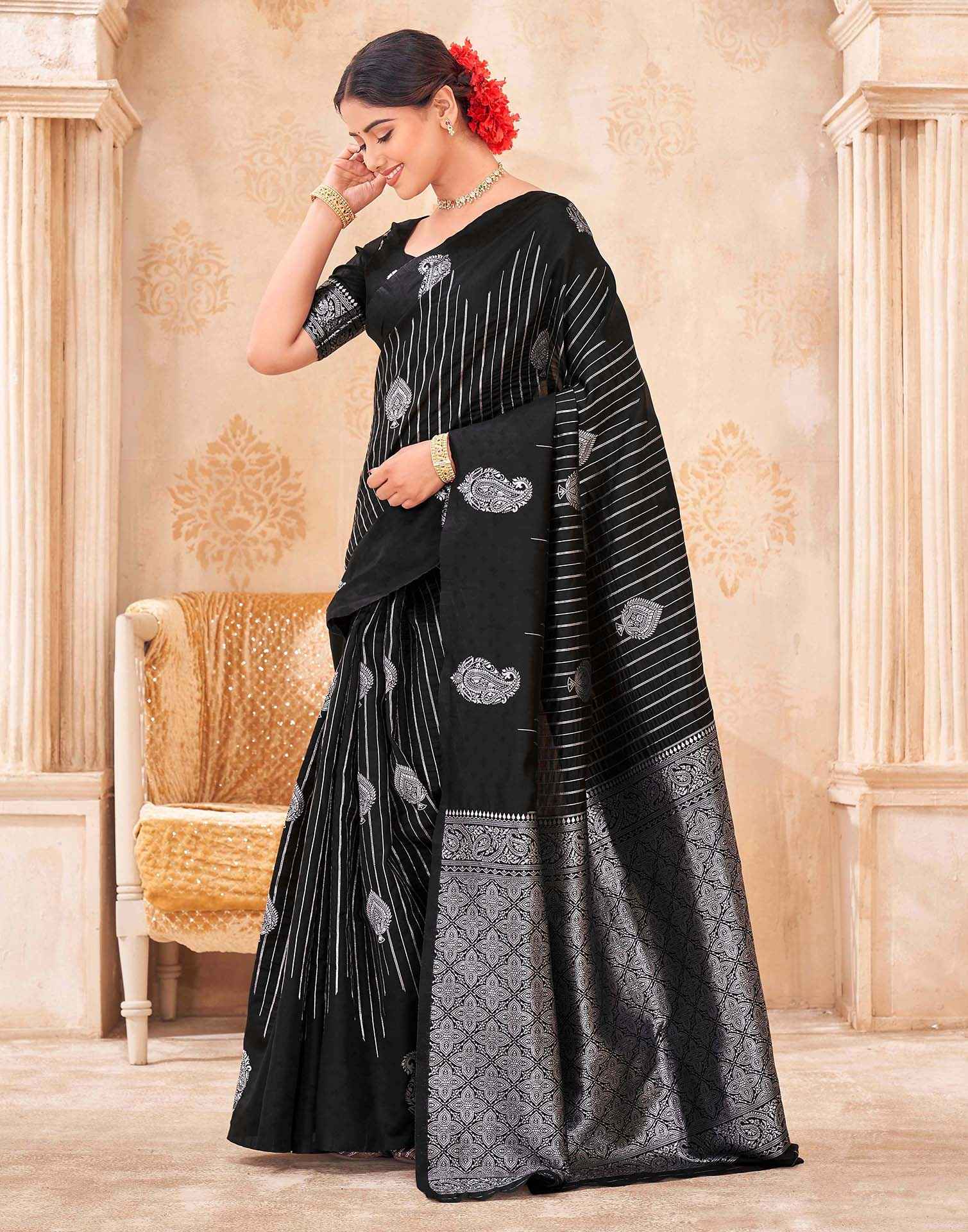 Black Silk Woven Banarasi Saree - Image 4