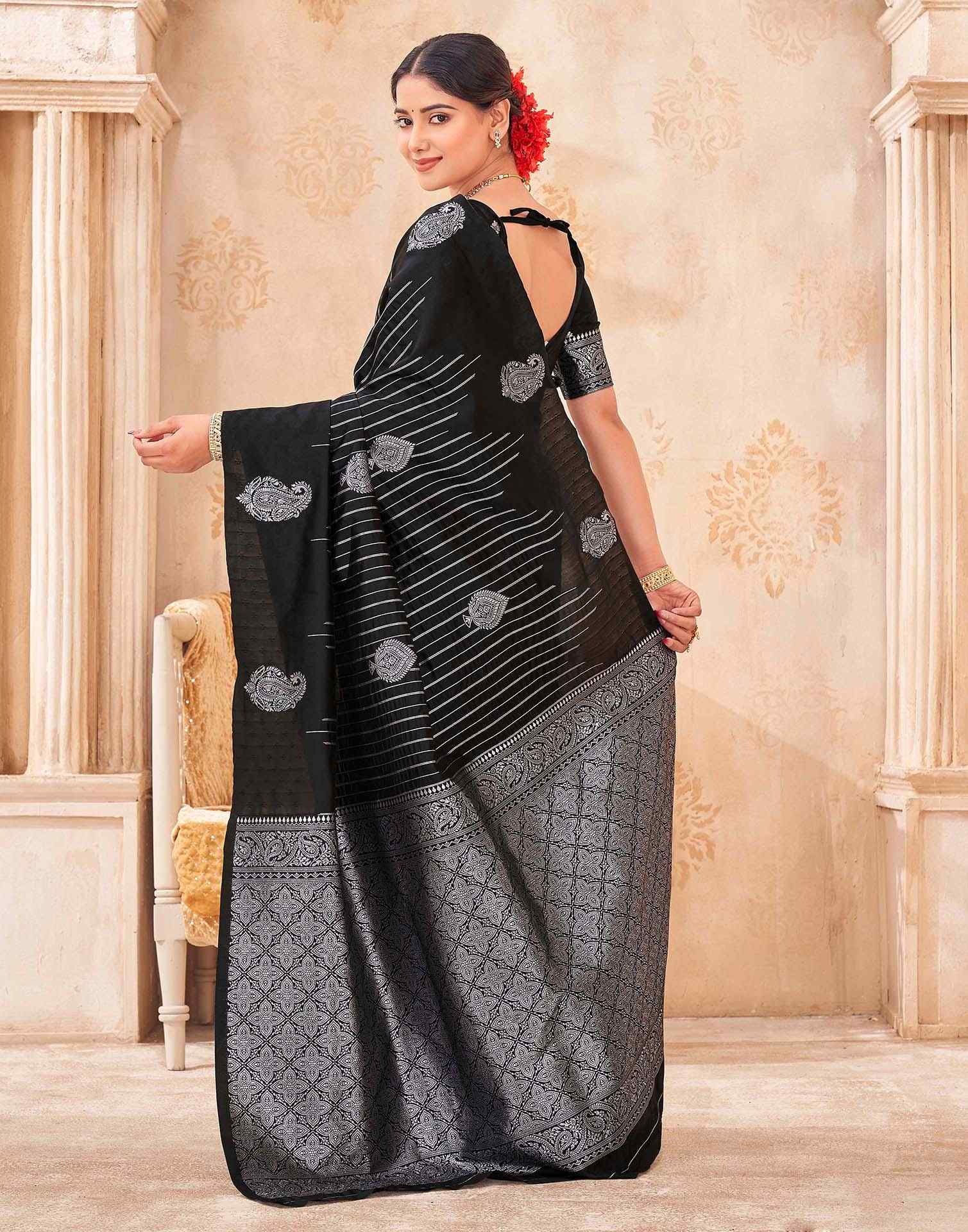 Black Silk Woven Banarasi Saree - Image 6
