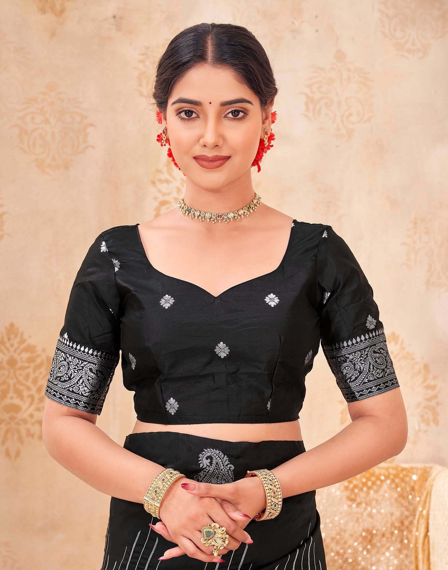 Black Silk Woven Banarasi Saree - Image 7