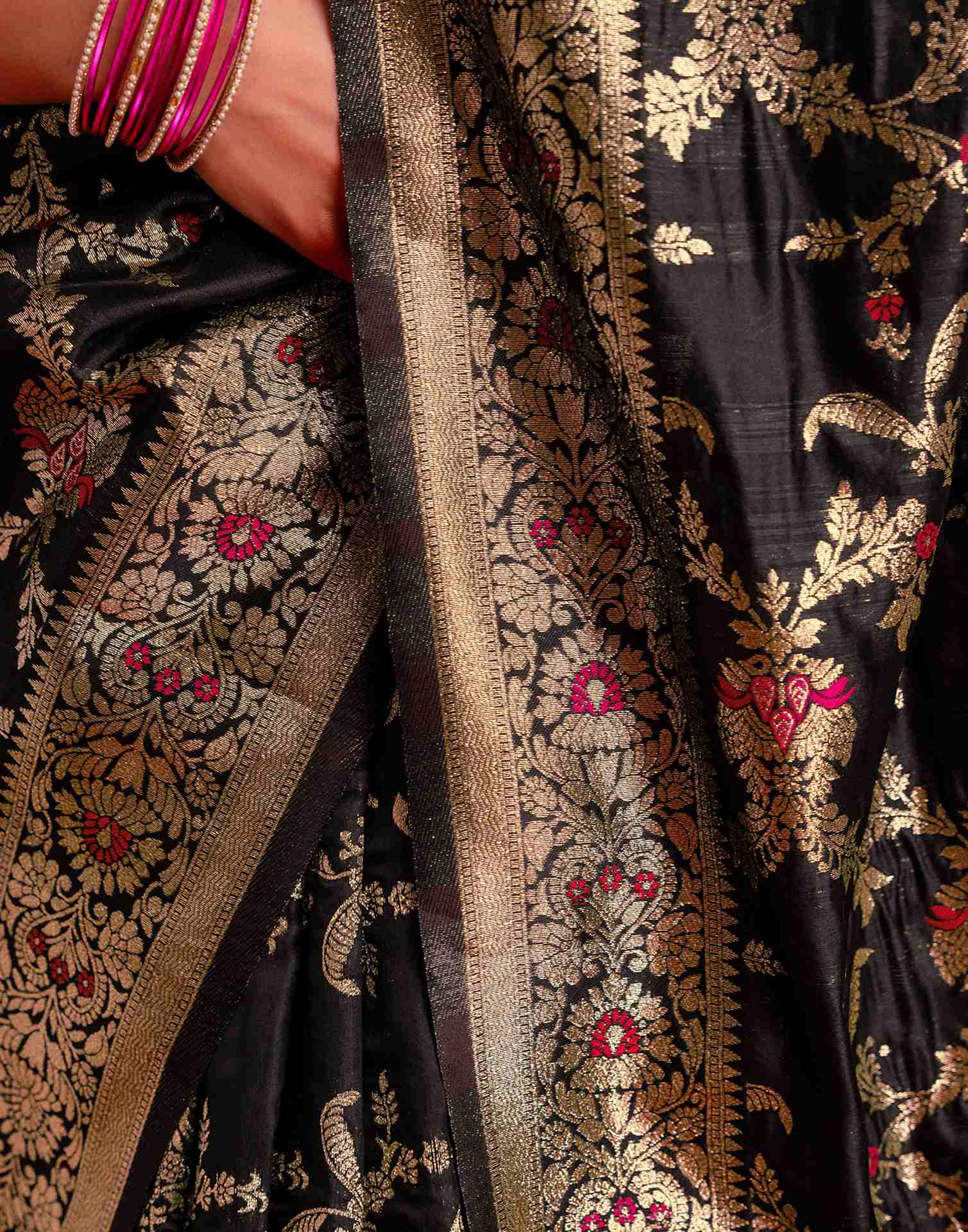 Black Silk Woven Banarasi Saree - Image 11