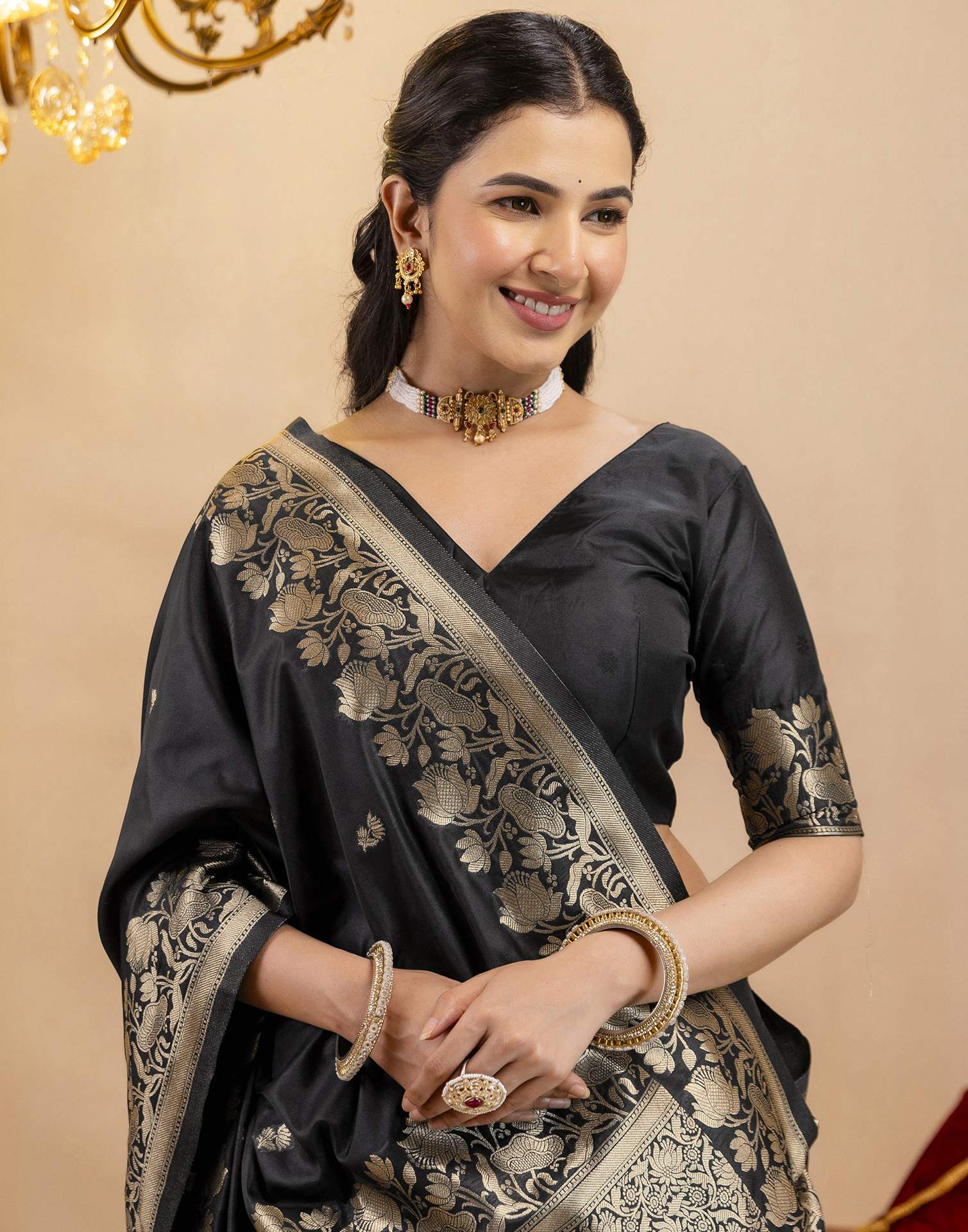 Black Silk Woven Banarasi Saree - Image 2