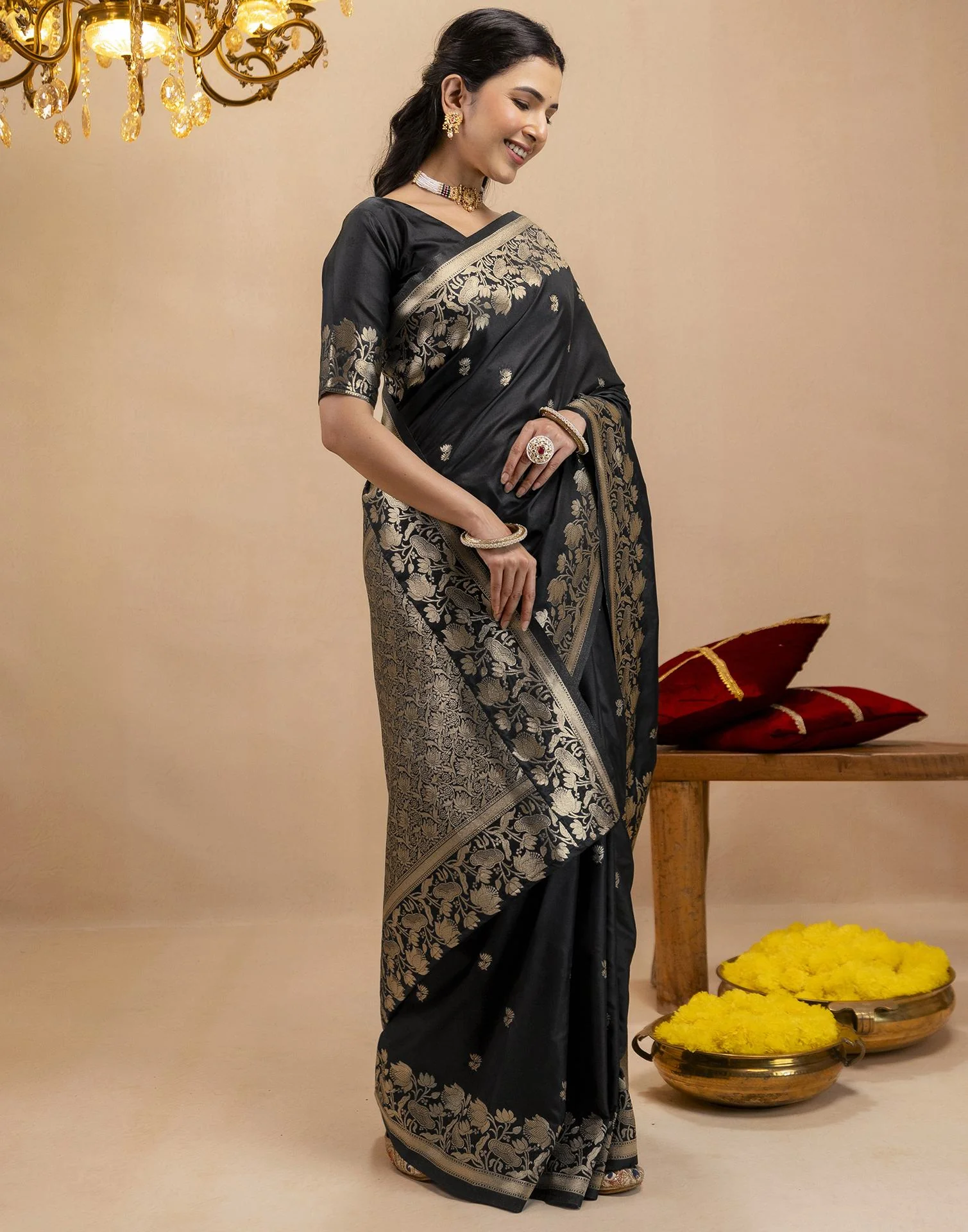 Black Silk Woven Banarasi Saree - Image 6