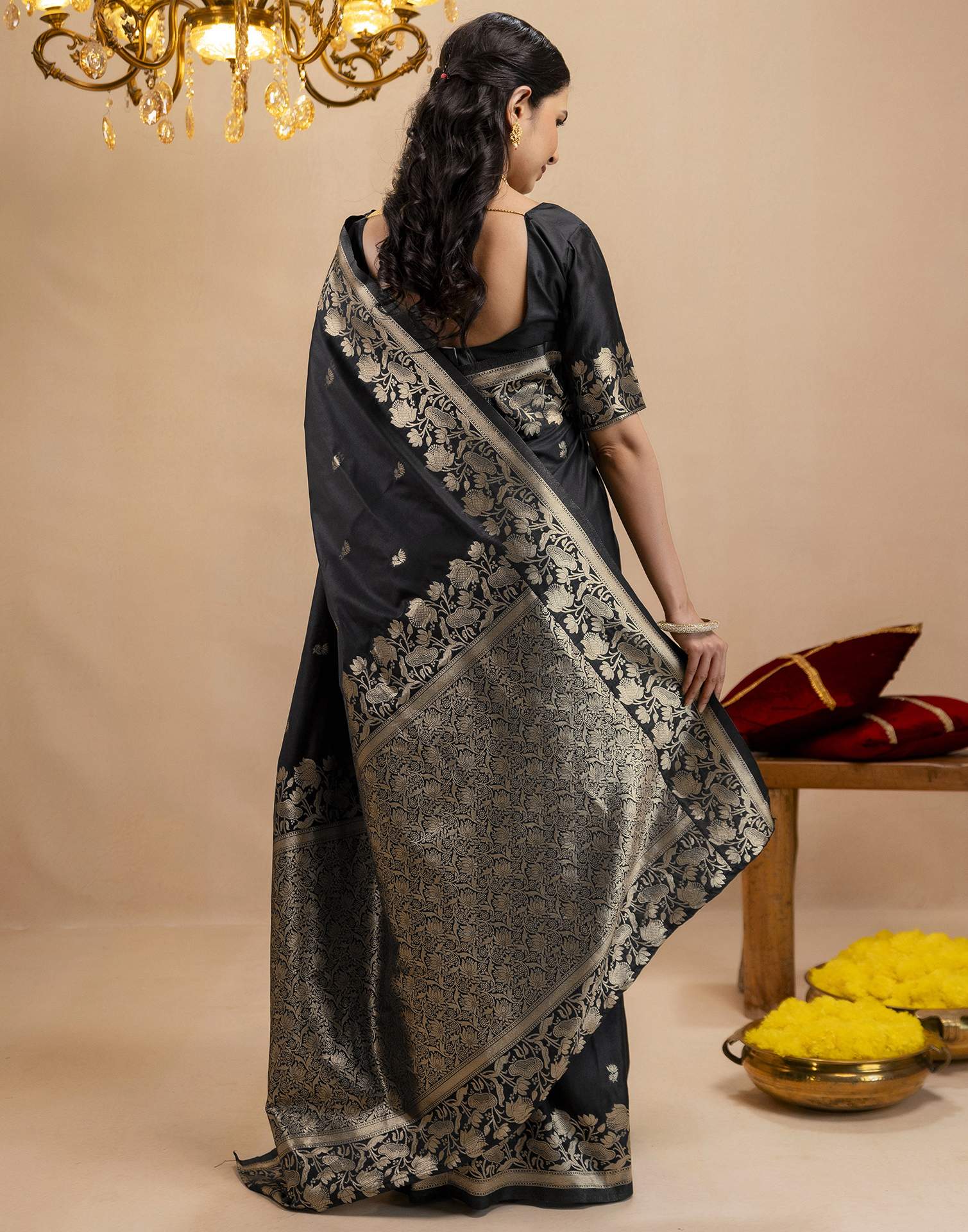 Black Silk Woven Banarasi Saree - Image 7