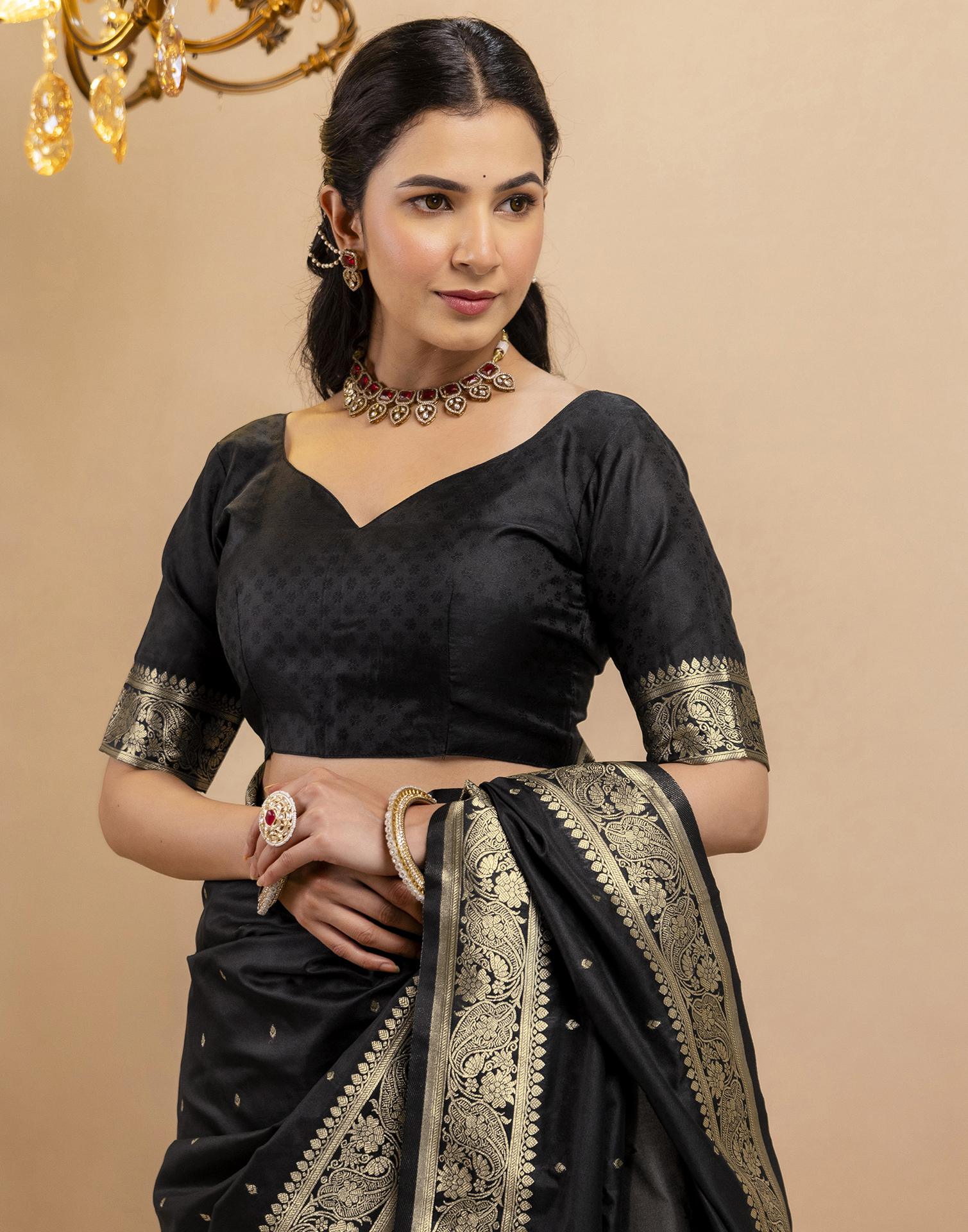 Black Silk Woven Banarasi Saree - Image 13