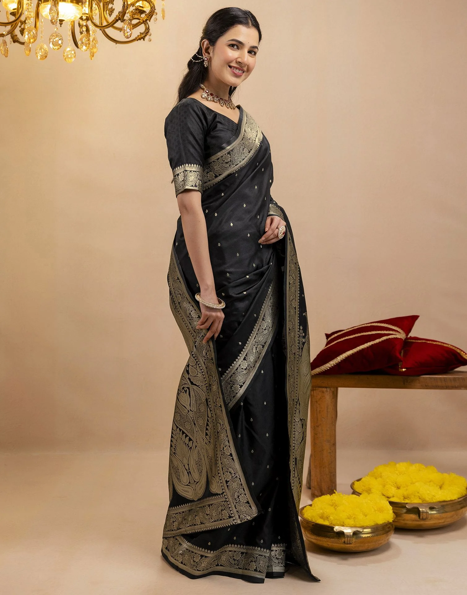 Black Silk Woven Banarasi Saree - Image 6