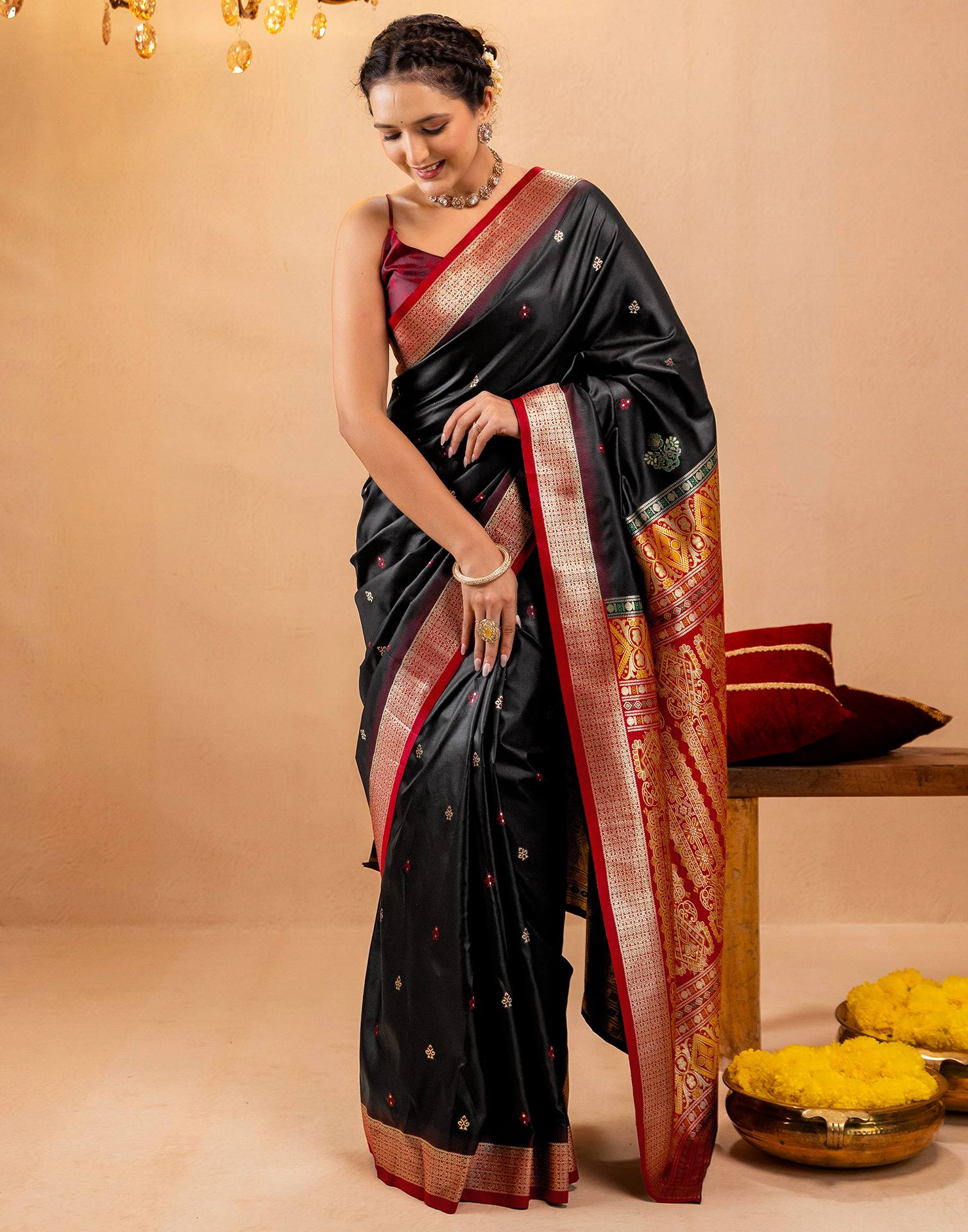 Black Silk Woven Banarasi Saree - Image 2