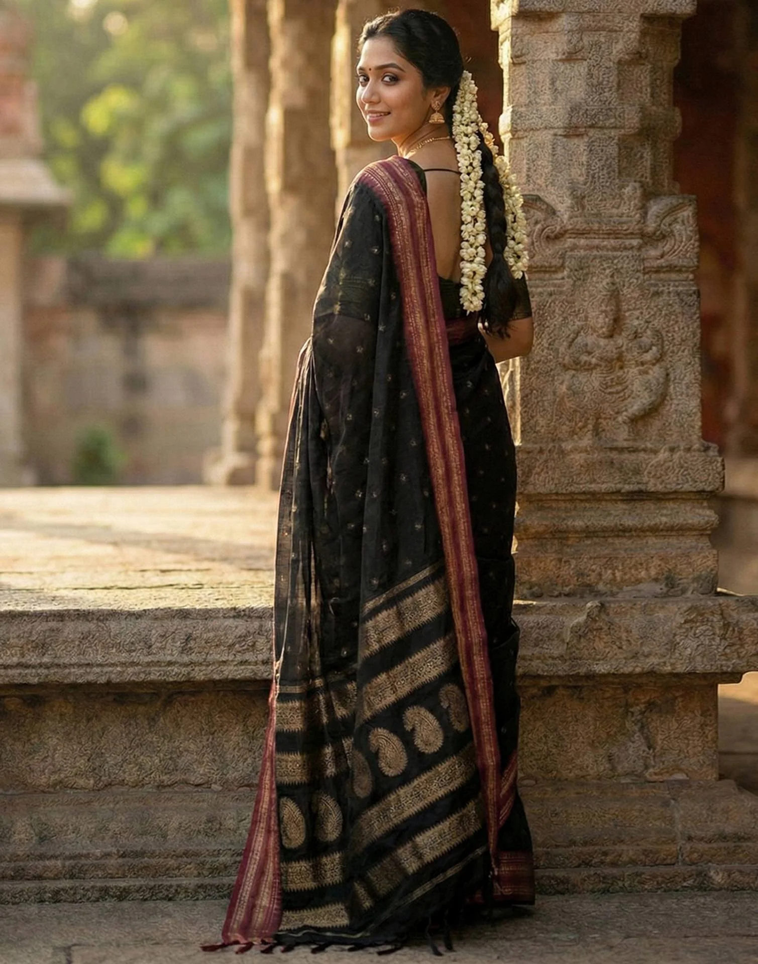 Black Silk Woven Kanjivaram Saree - Image 4