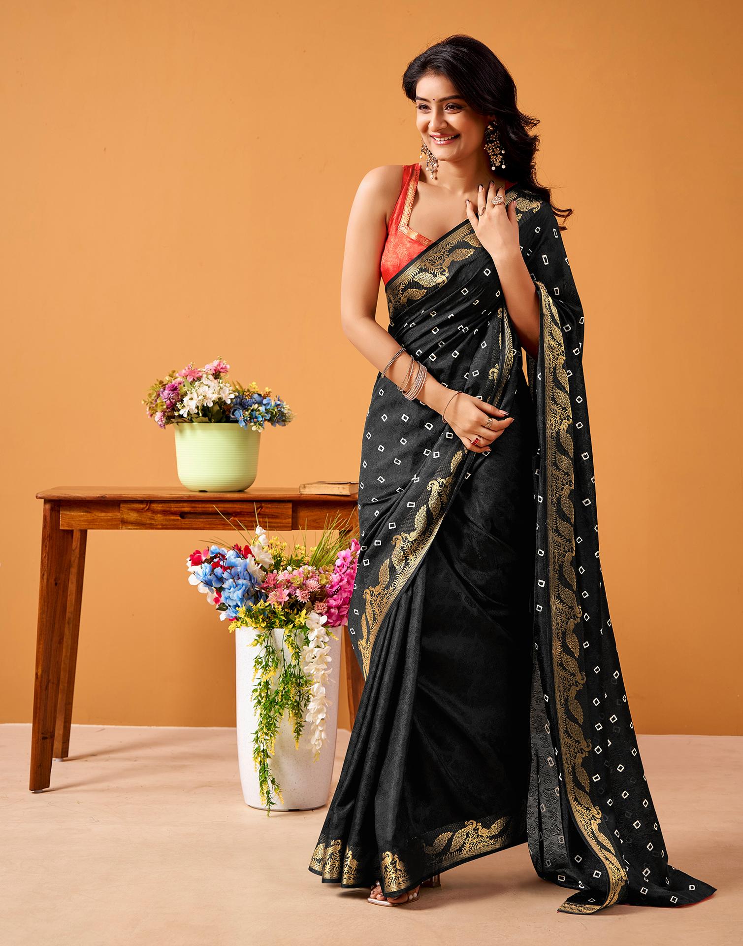 Black Silk Woven Printed Saree - Image 5