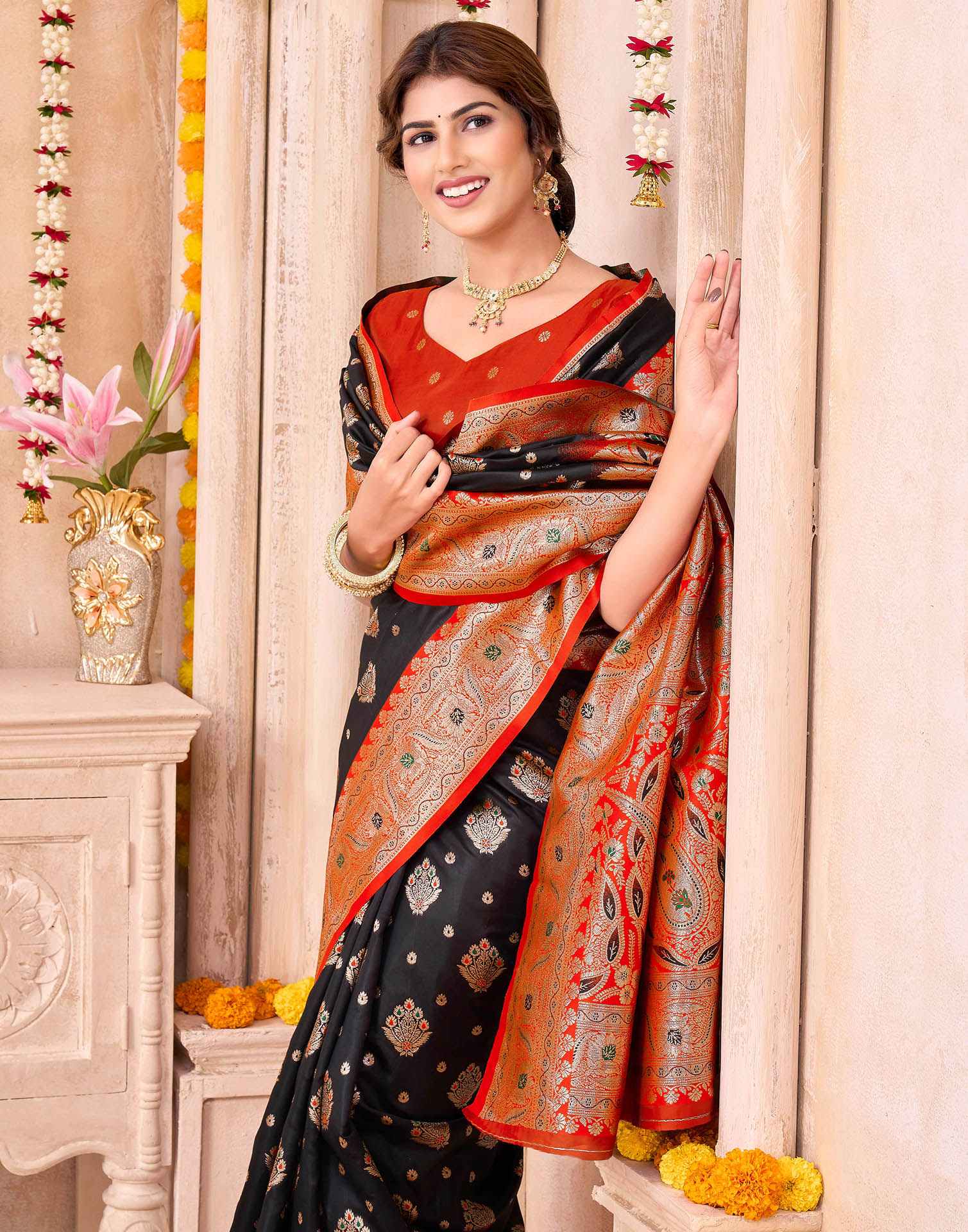 Black Silk Woven Saree - Image 2