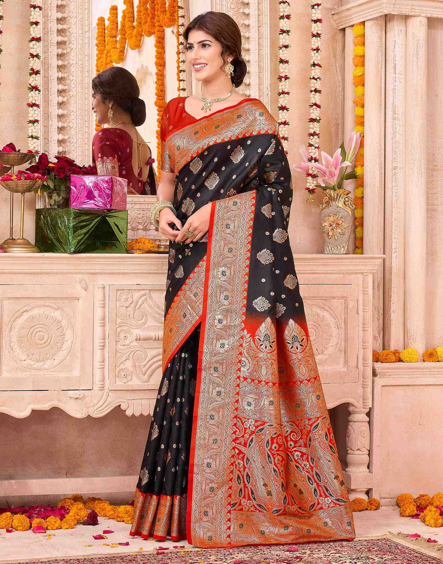 Black Silk Woven Saree - Image 6