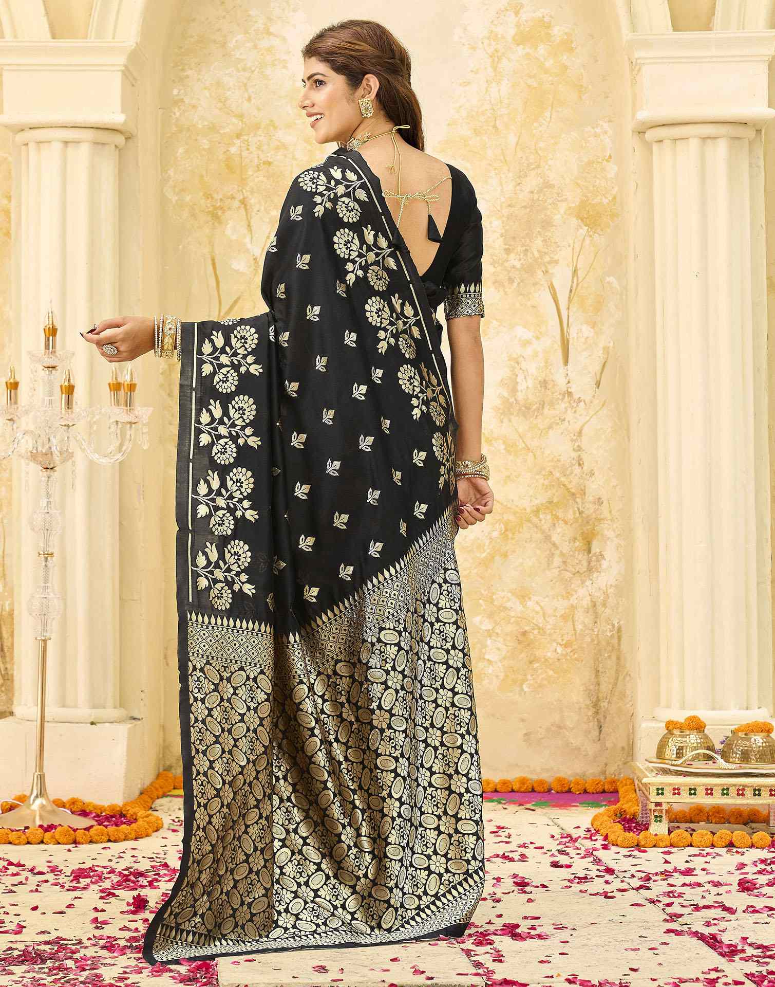 Black Silk Woven Banarasi Saree - Image 6