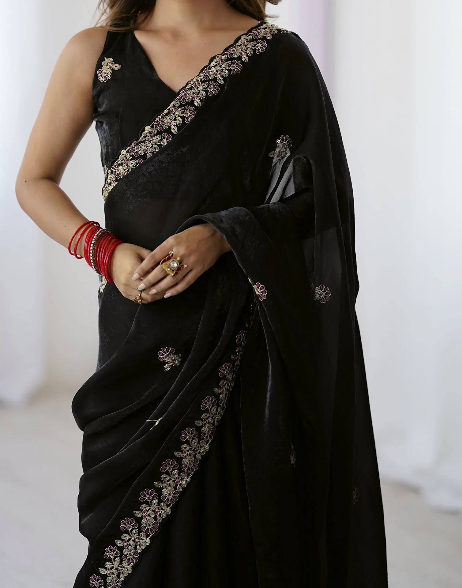 Black Tissue Silk Sequence Embroidery Saree - Image 10