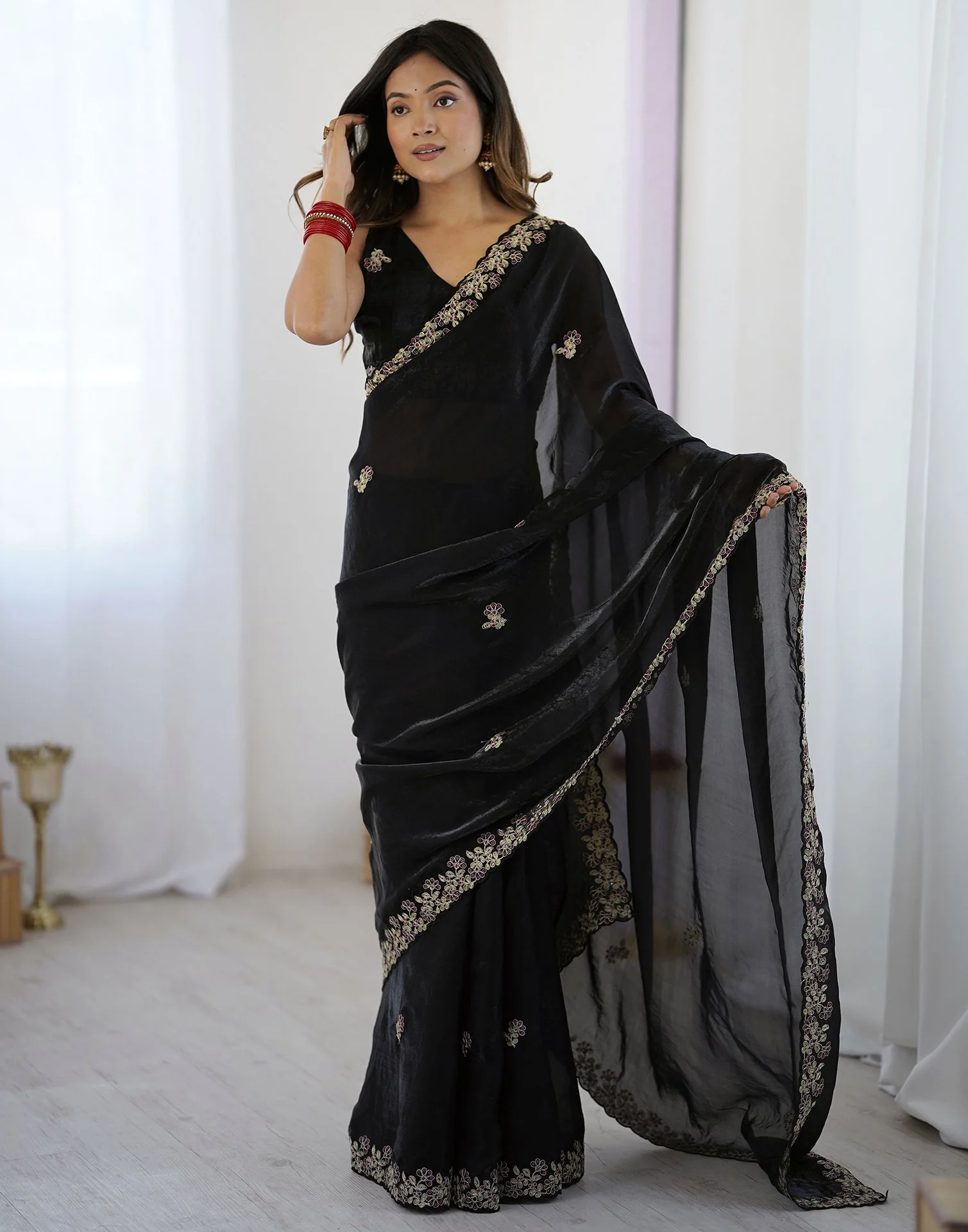 Black Tissue Silk Sequence Embroidery Saree - Image 2