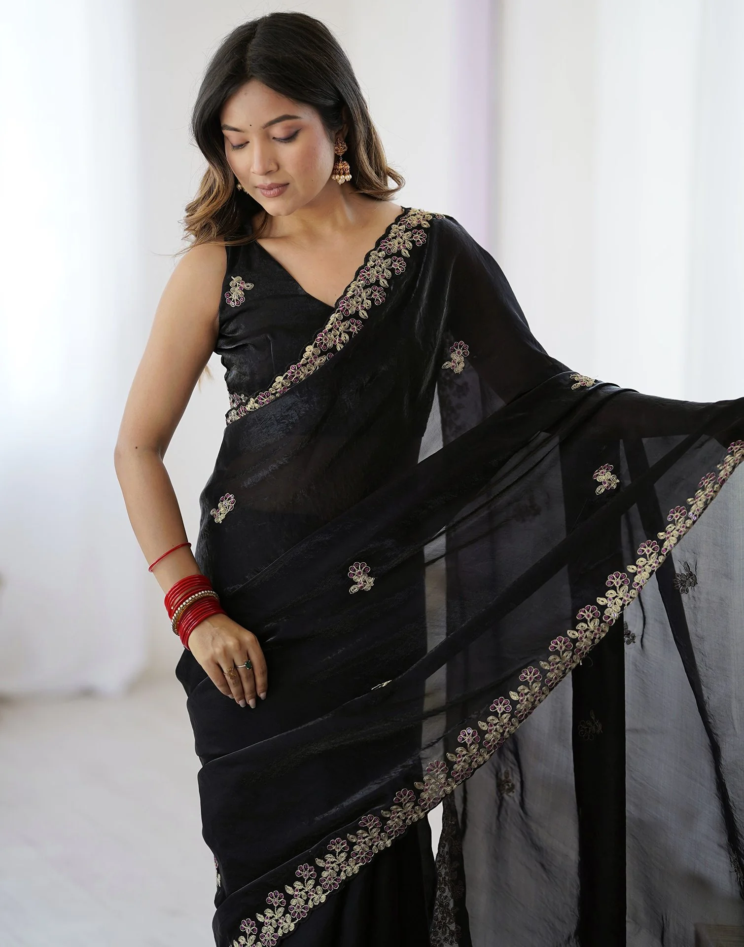 Black Tissue Silk Sequence Embroidery Saree - Image 4