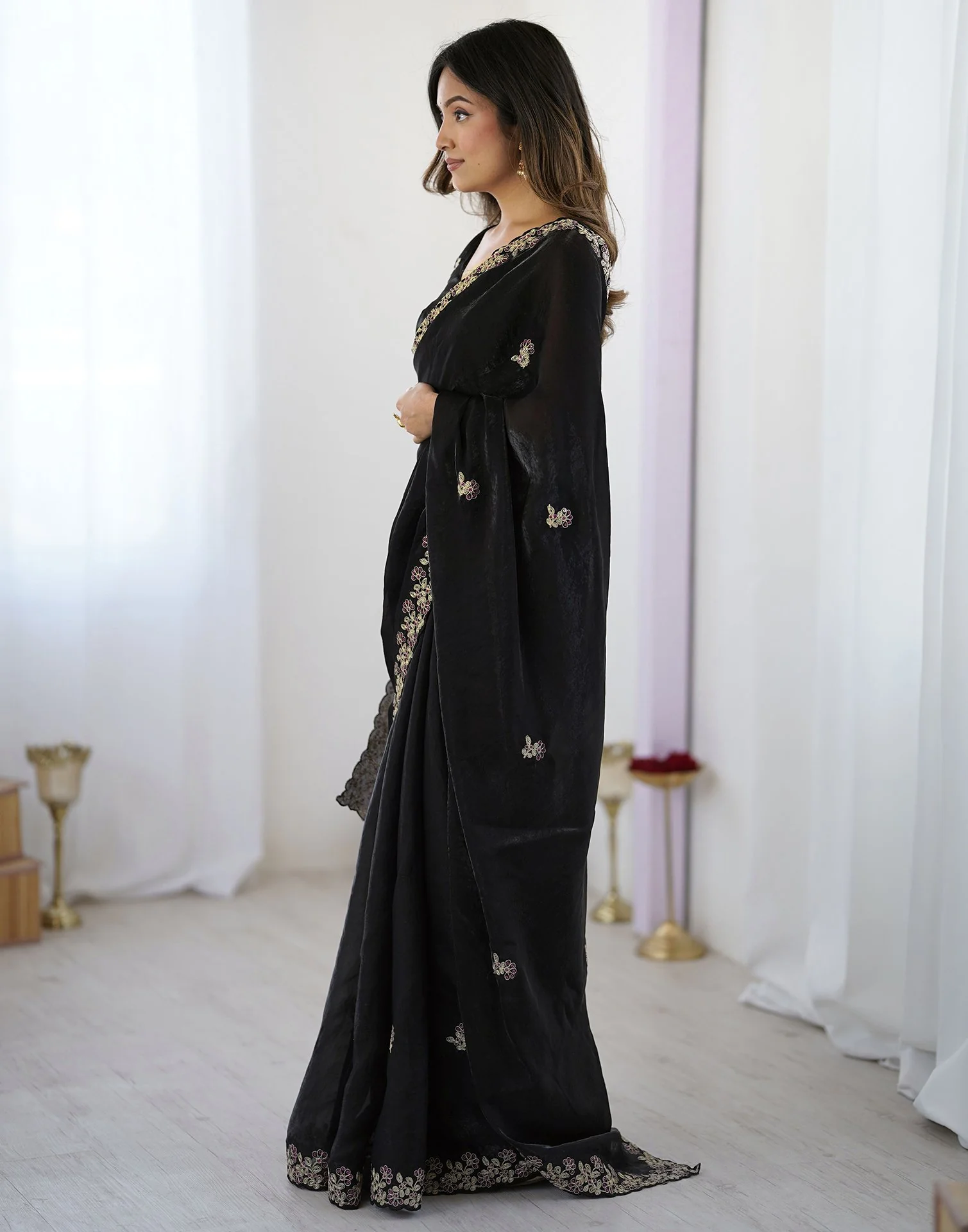 Black Tissue Silk Sequence Embroidery Saree - Image 5