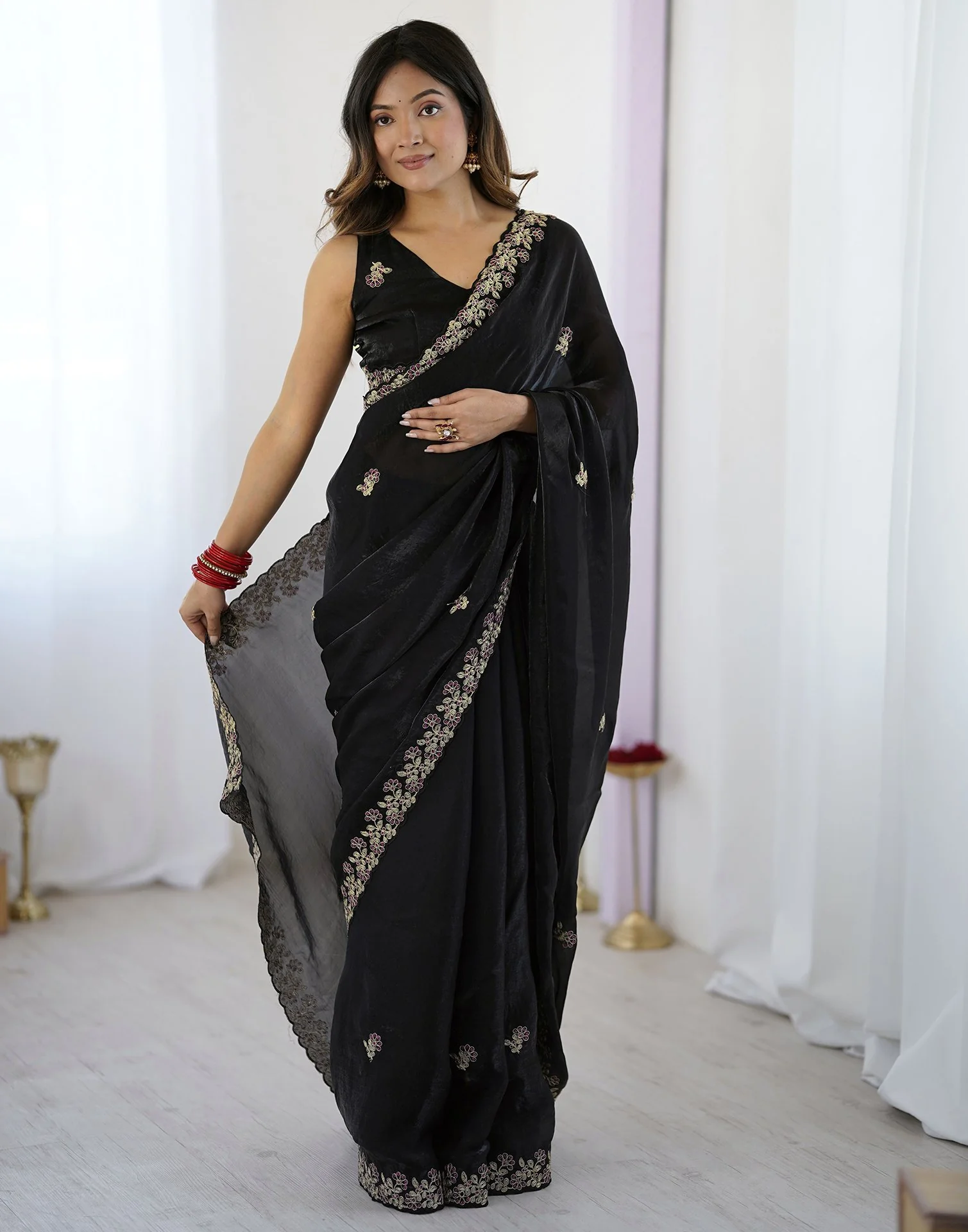 Black Tissue Silk Sequence Embroidery Saree - Image 6