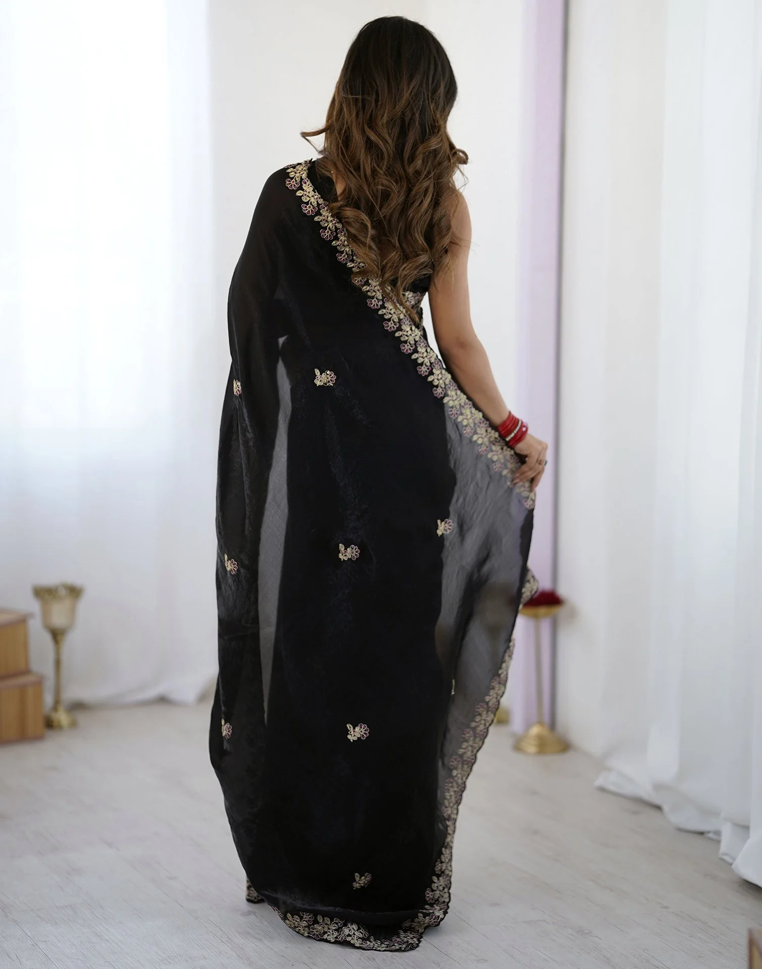 Black Tissue Silk Sequence Embroidery Saree - Image 7
