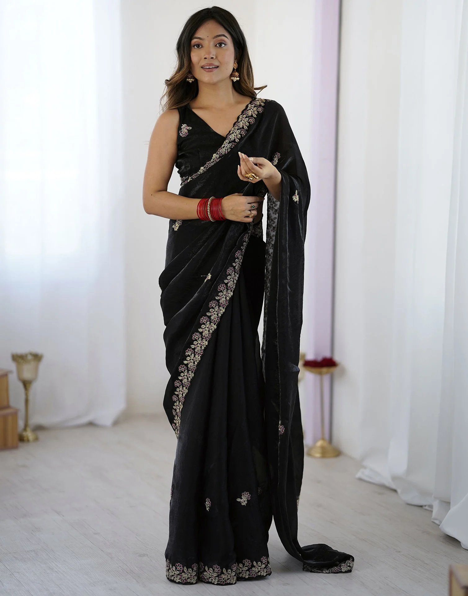 Black Tissue Silk Sequence Embroidery Saree - Image 8