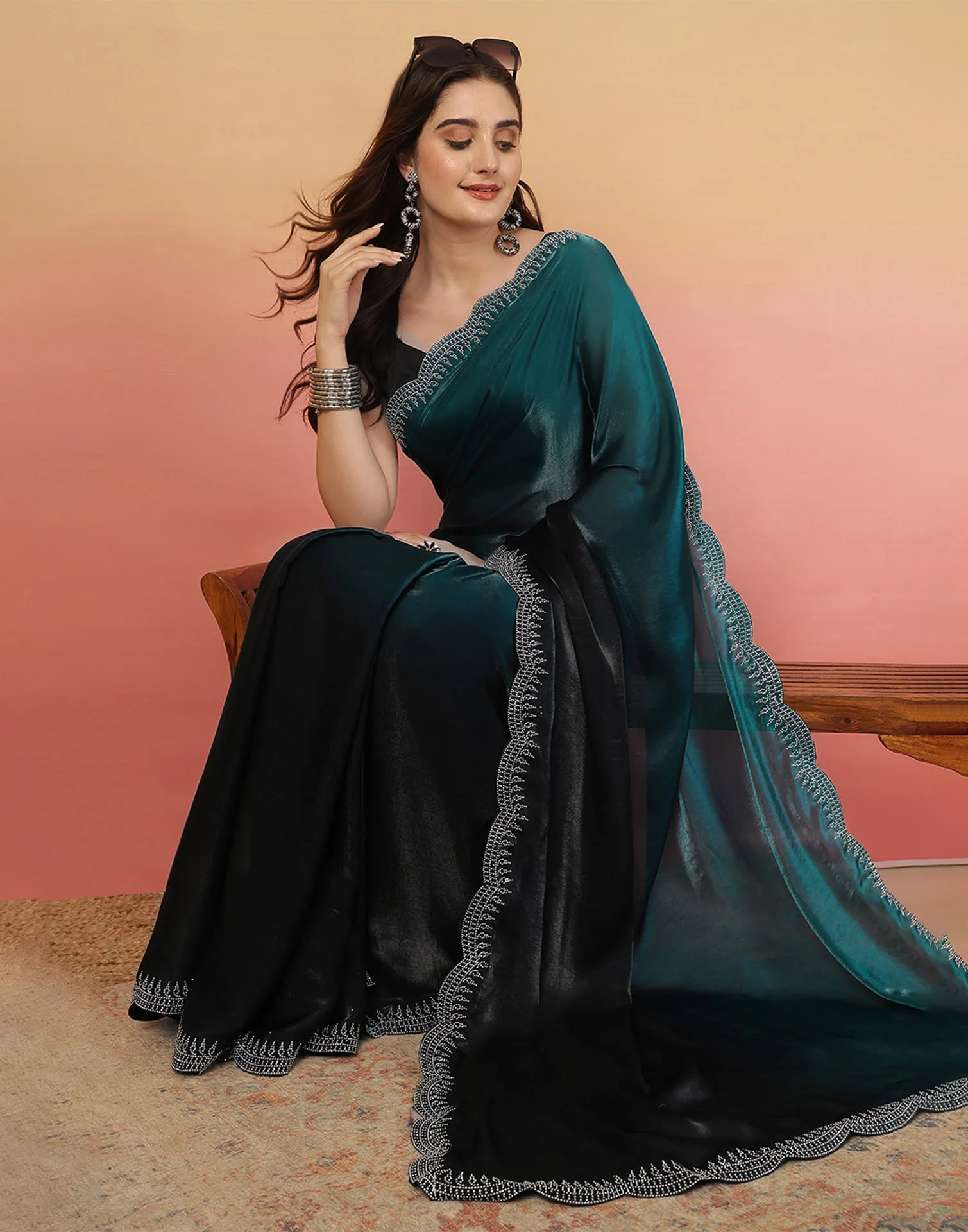 Black Tissue Silk Stone Work Swarovski Saree - Image 5