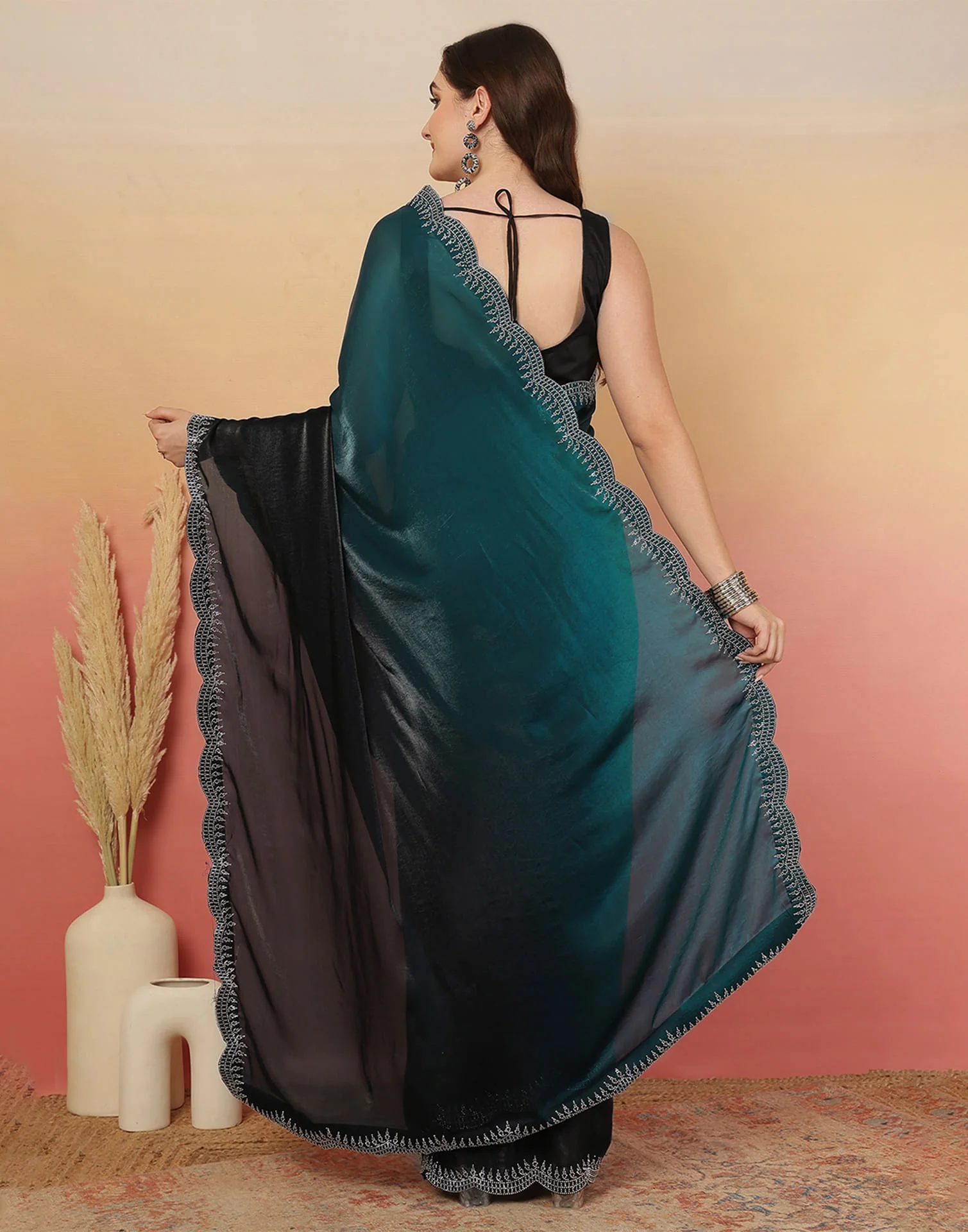 Black Tissue Silk Stone Work Swarovski Saree - Image 6