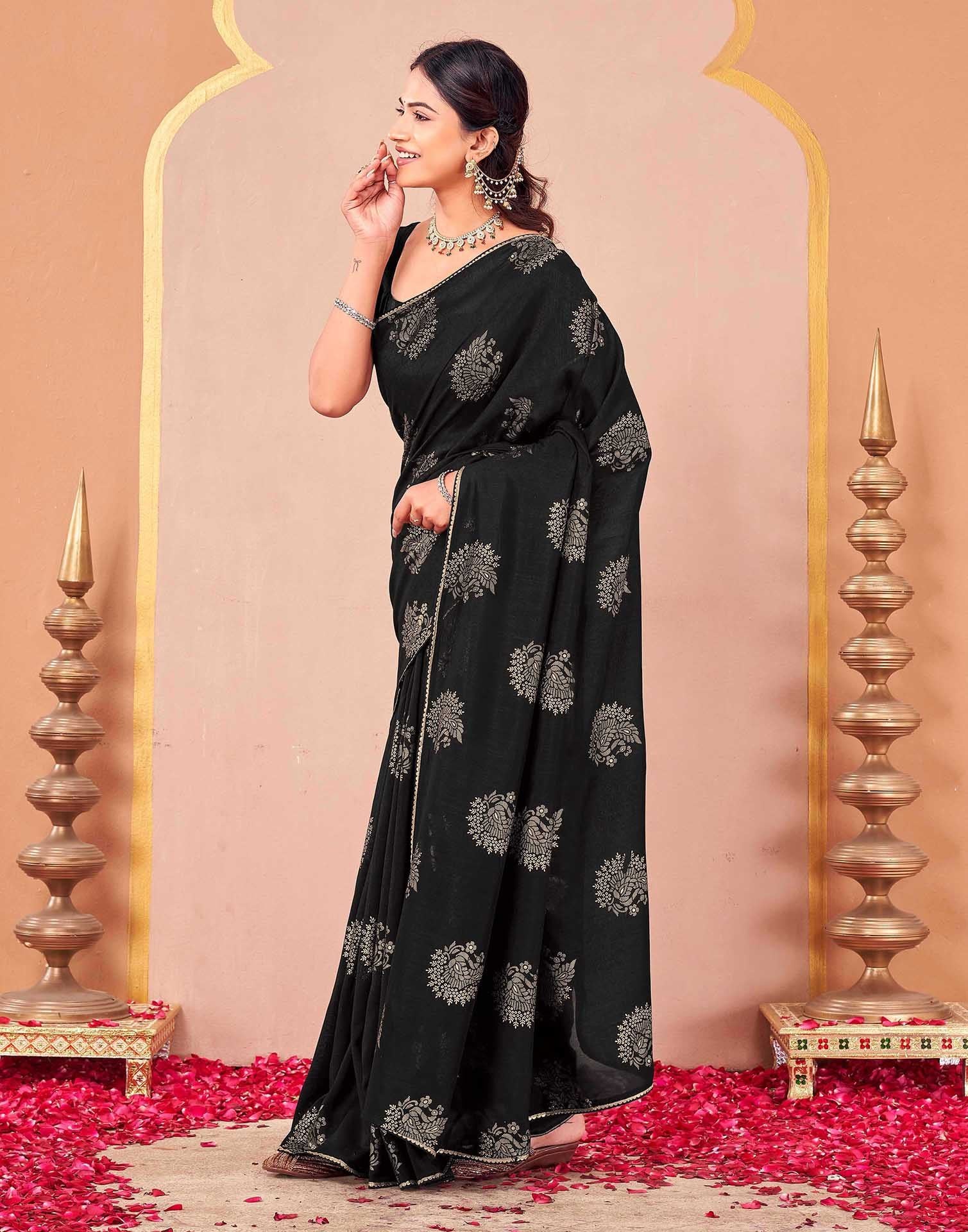 Black Vichitra Silk Foil Printed Gota Lace Saree - Image 4