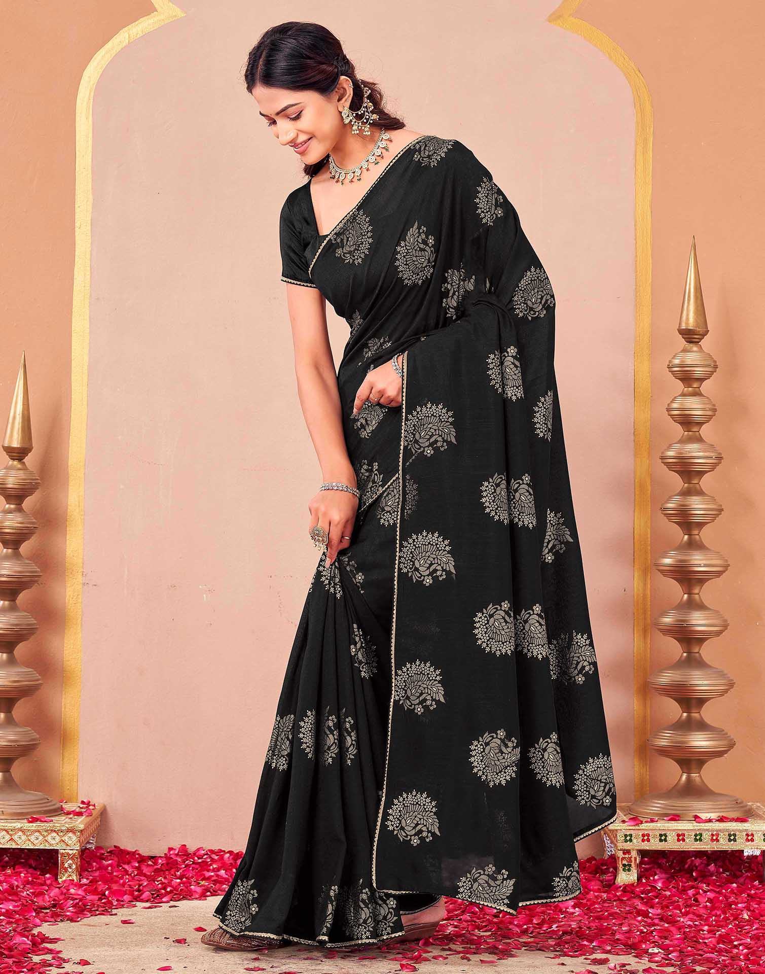 Black Vichitra Silk Foil Printed Gota Lace Saree - Image 5