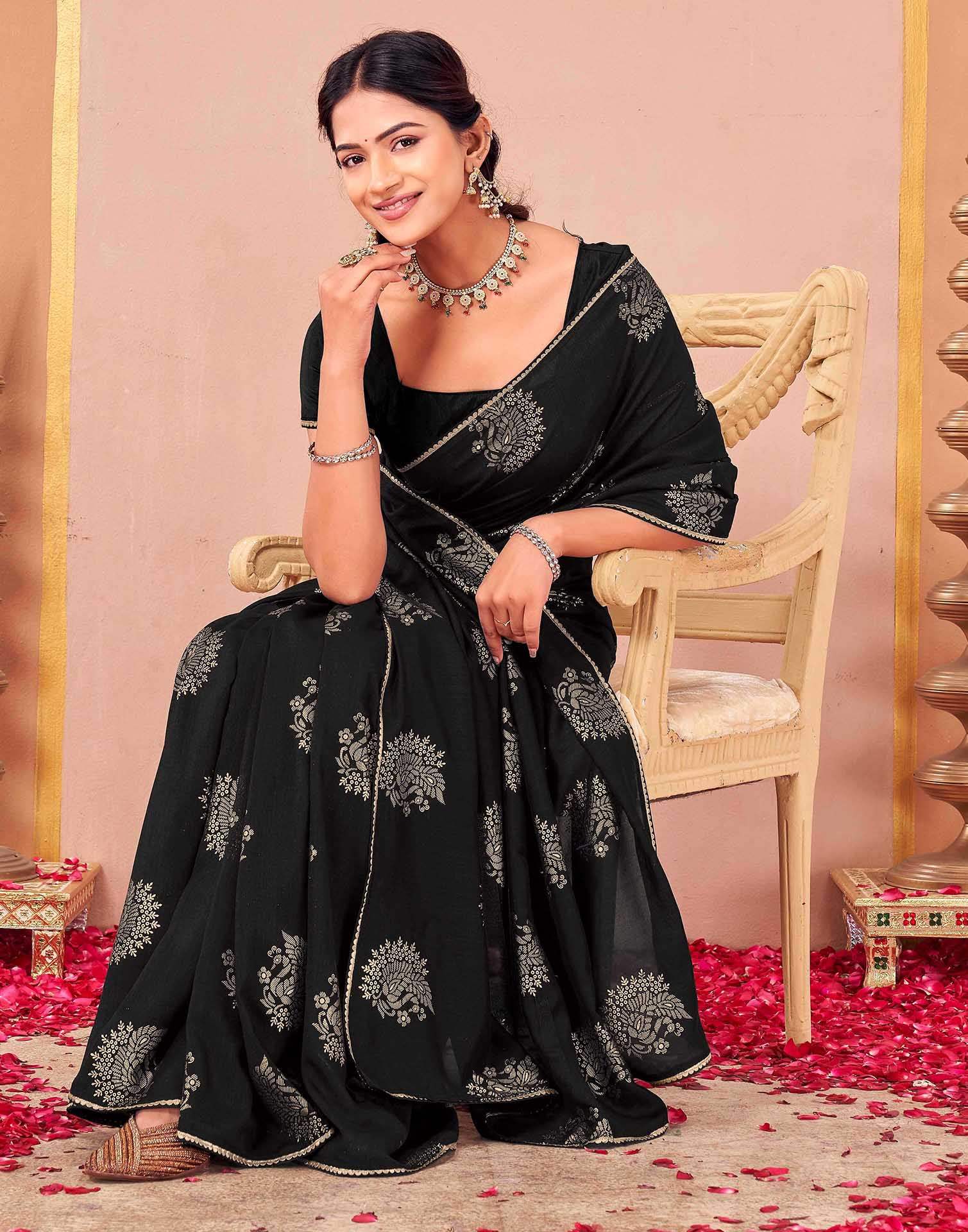 Black Vichitra Silk Foil Printed Gota Lace Saree - Image 7