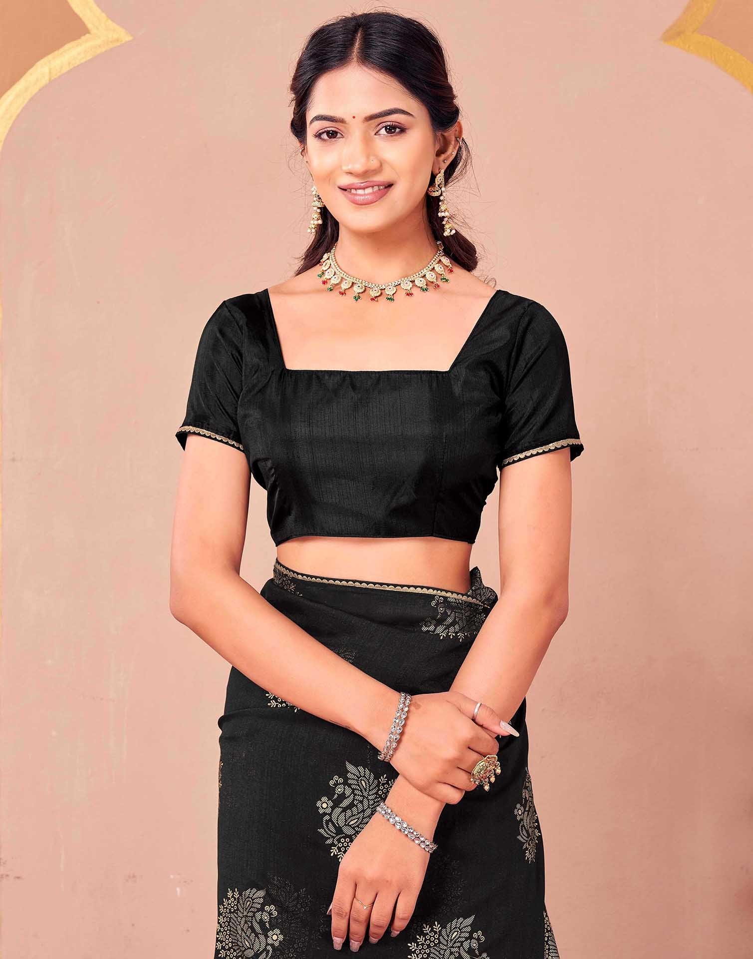 Black Vichitra Silk Foil Printed Gota Lace Saree - Image 8