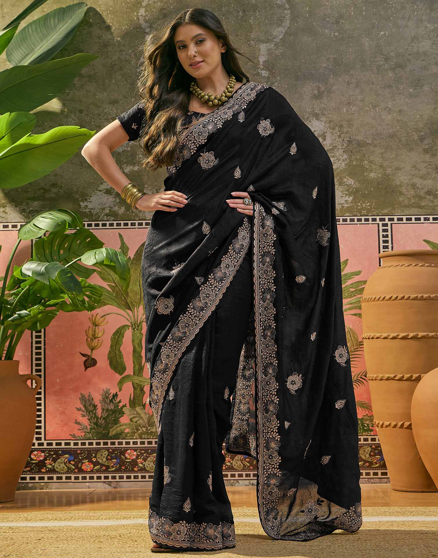 Black Vichitra Silk Stone Work Embroidery Saree - Image 6
