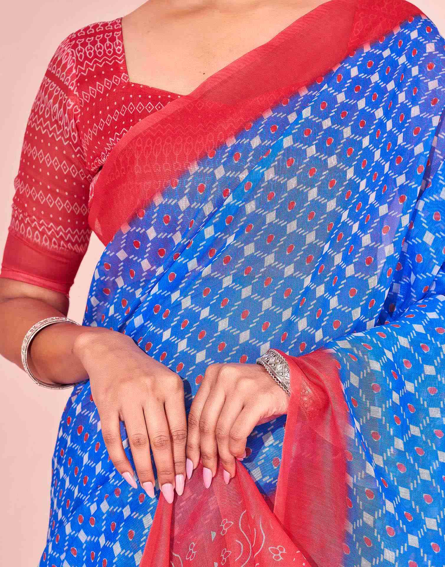 Blue Chanderi Cotton Printed Saree - Image 11