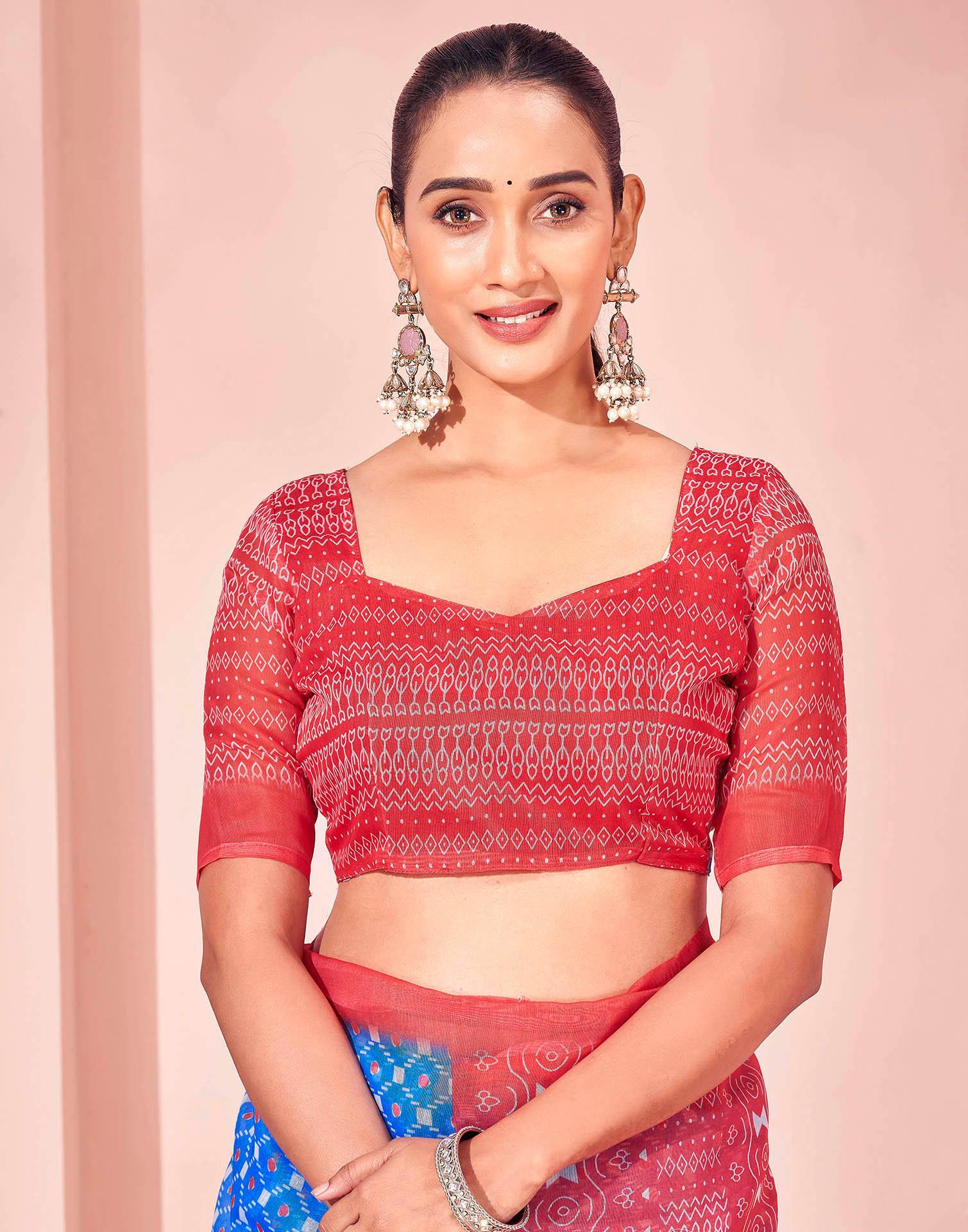 Blue Chanderi Cotton Printed Saree - Image 12