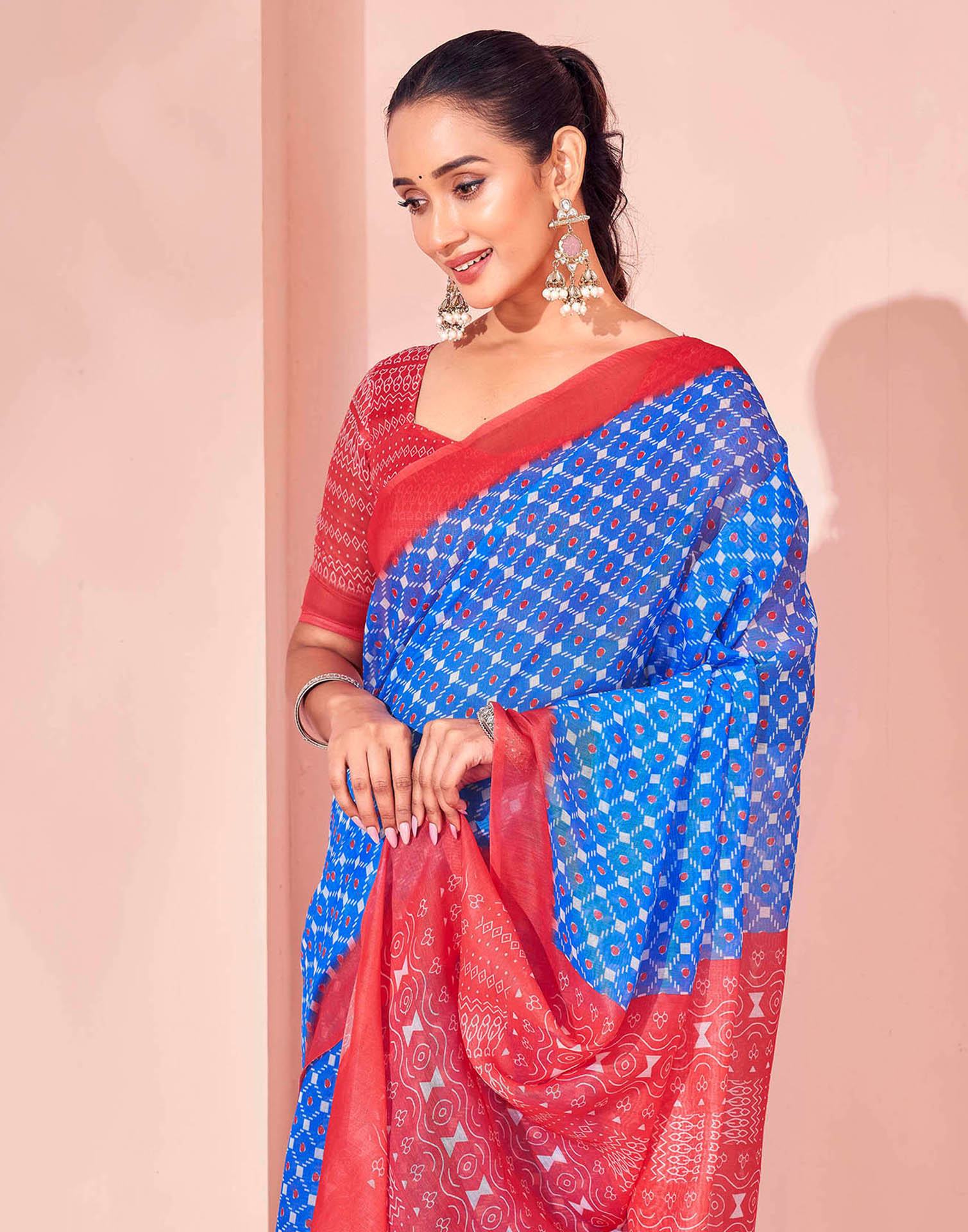 Blue Chanderi Cotton Printed Saree - Image 2