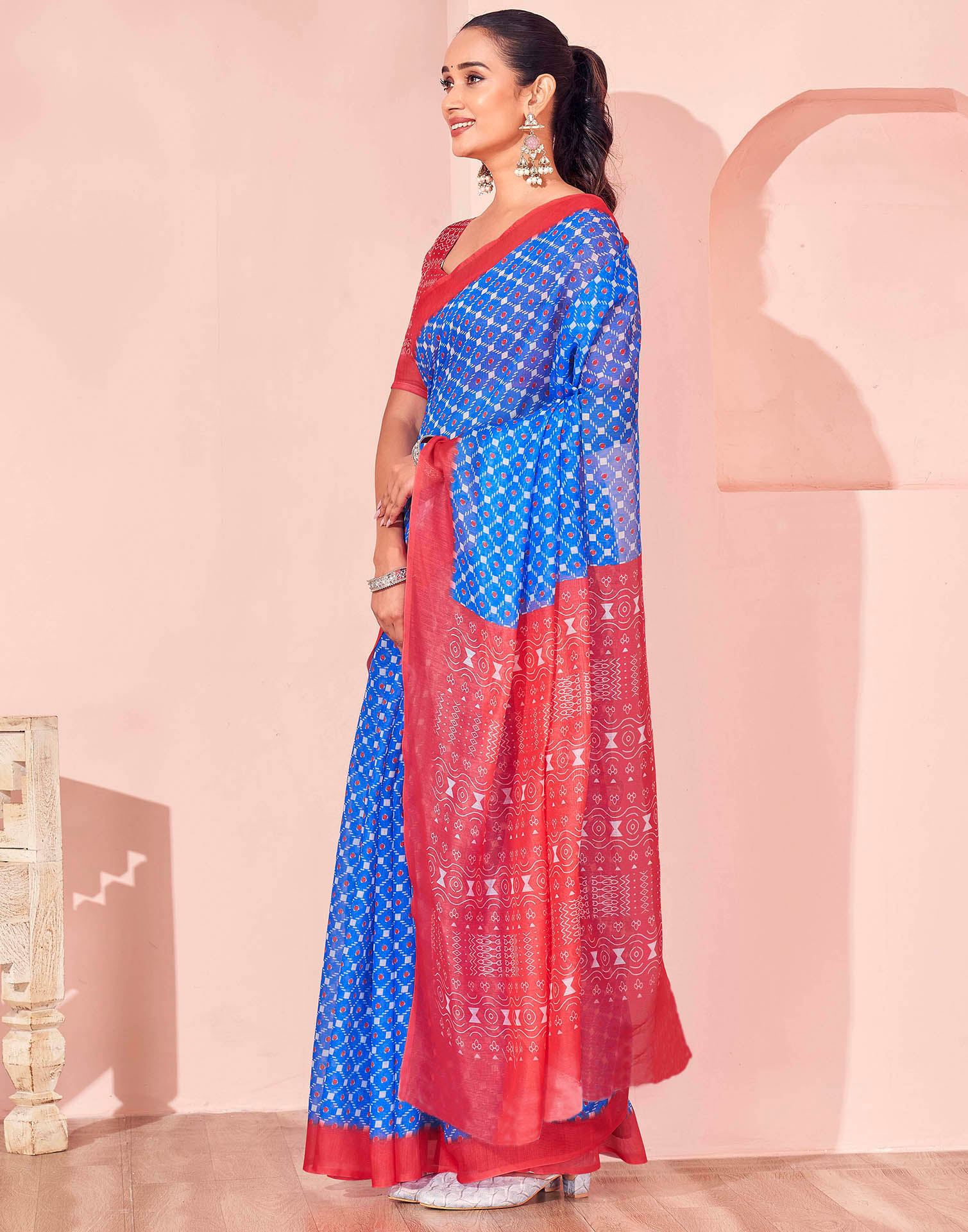 Blue Chanderi Cotton Printed Saree - Image 4