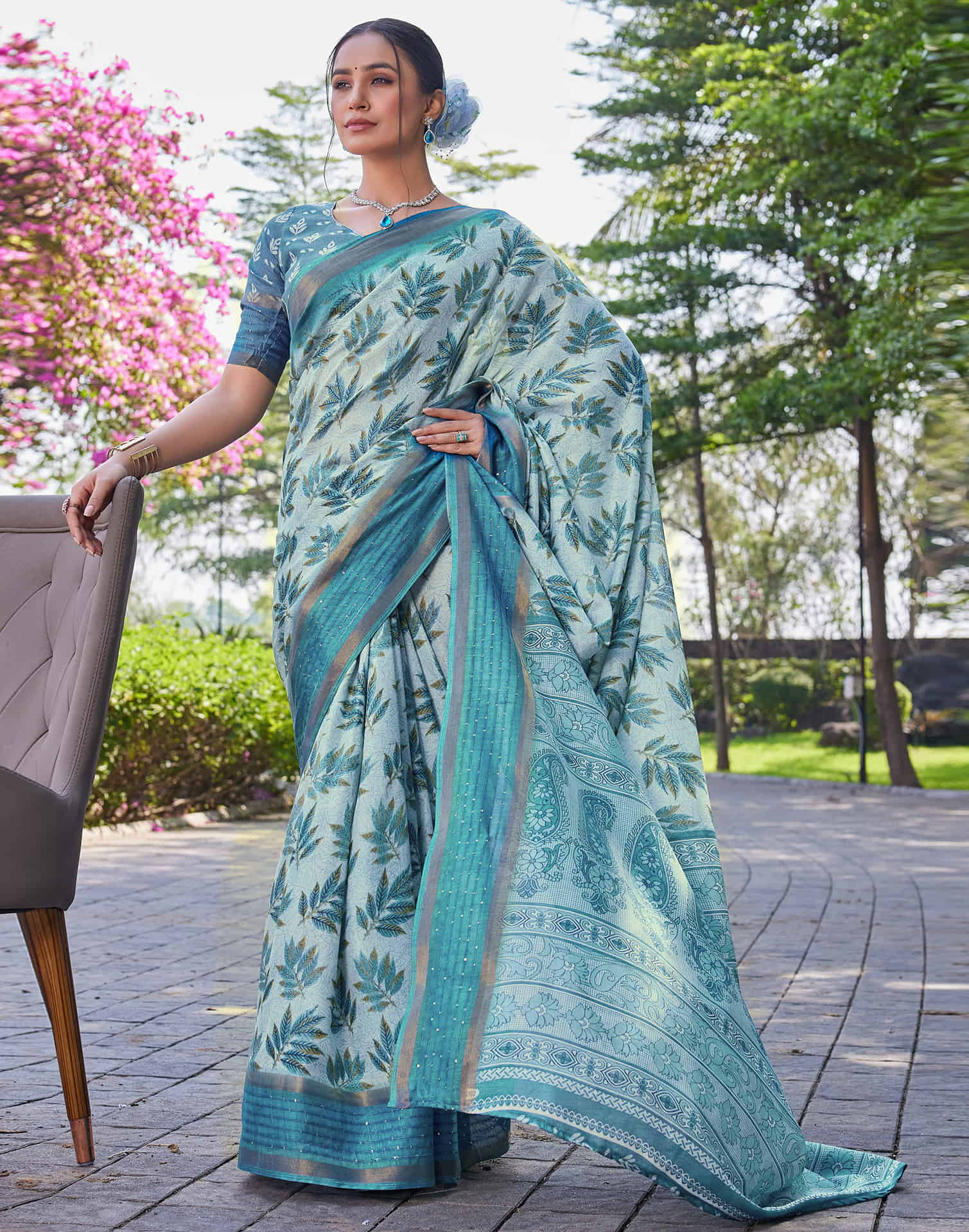 Blue Chanderi Sequence Printed Saree - Image 6