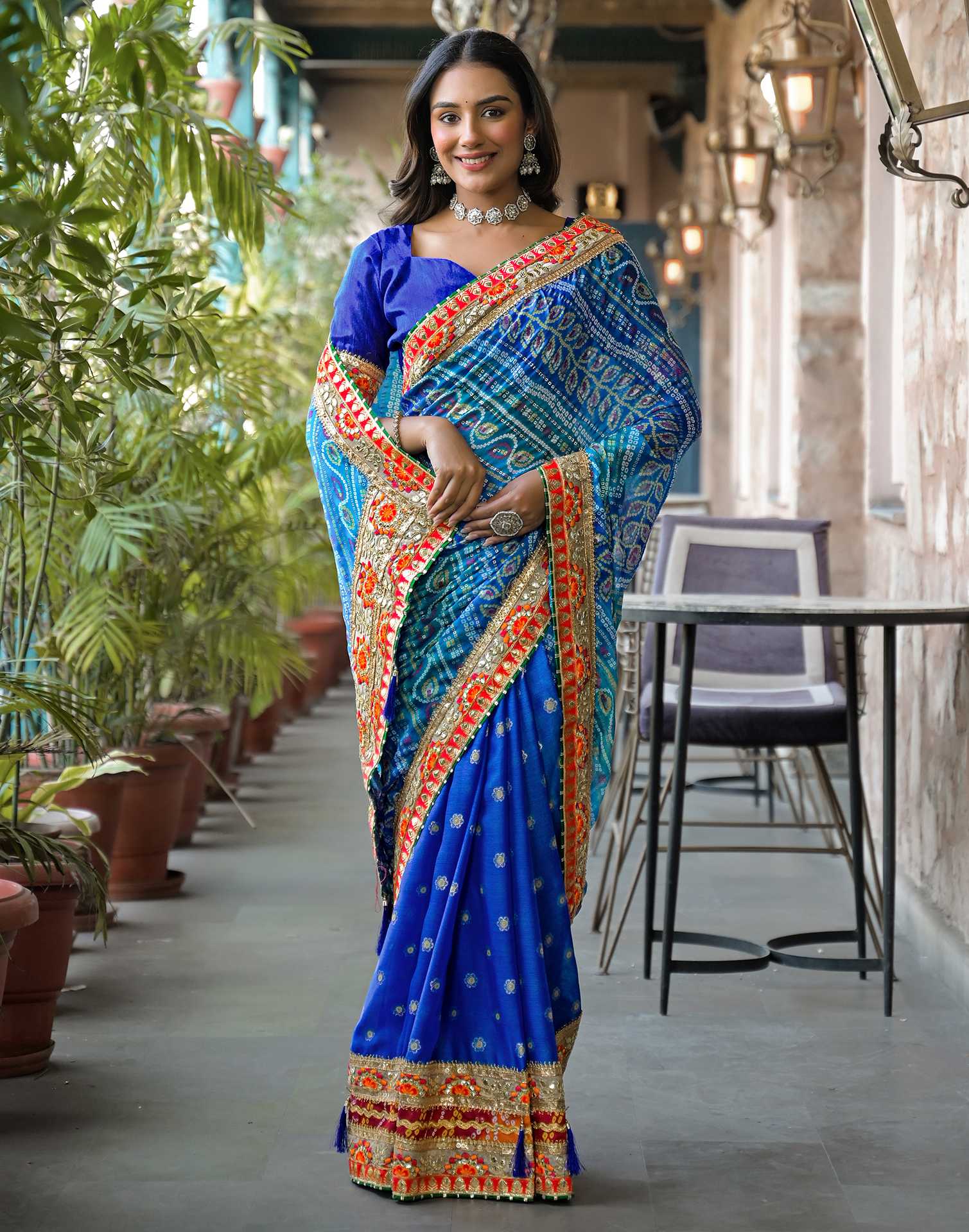 Blue Chiffon Bandhani Printed Lace Saree - Image 5