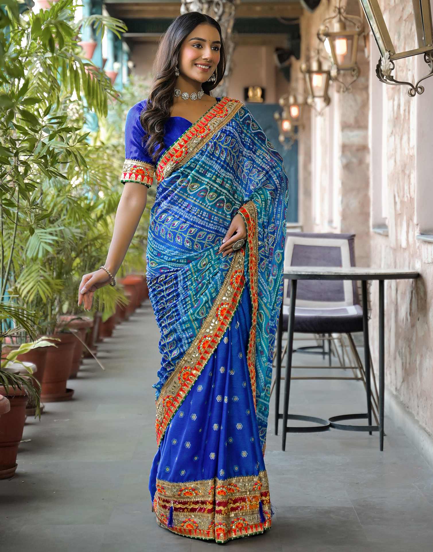 Blue Chiffon Bandhani Printed Lace Saree - Image 7