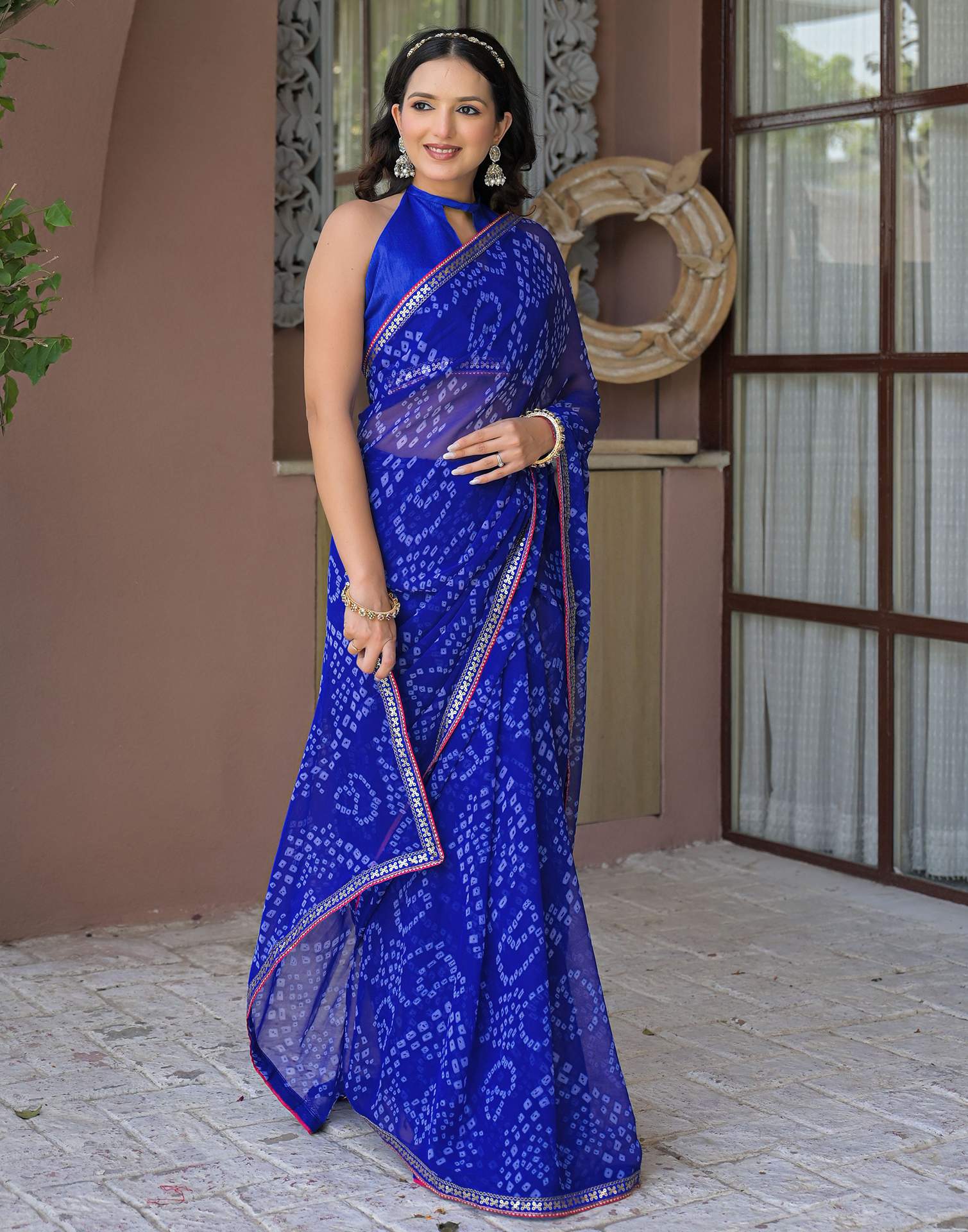 Blue Chiffon Bandhani Printed Saree - Image 5