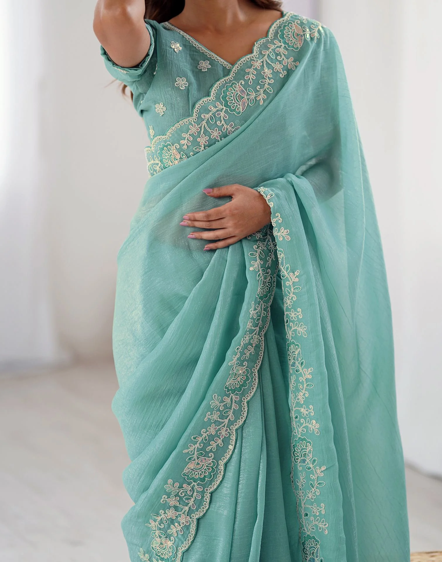 Blue Chiffon Embroidery Saree - Image 9