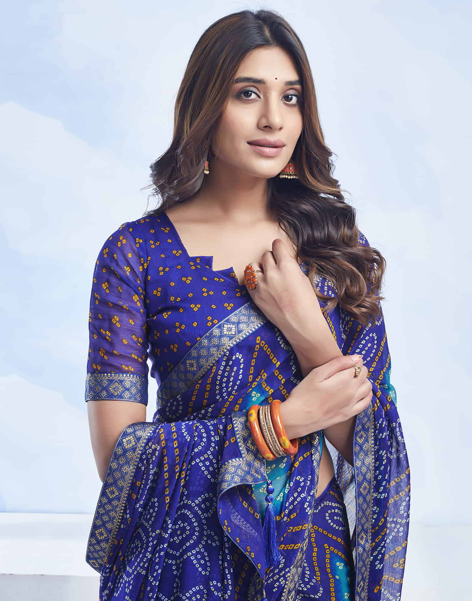 Dark Blue Chiffon Printed Bandhani Saree - Image 2